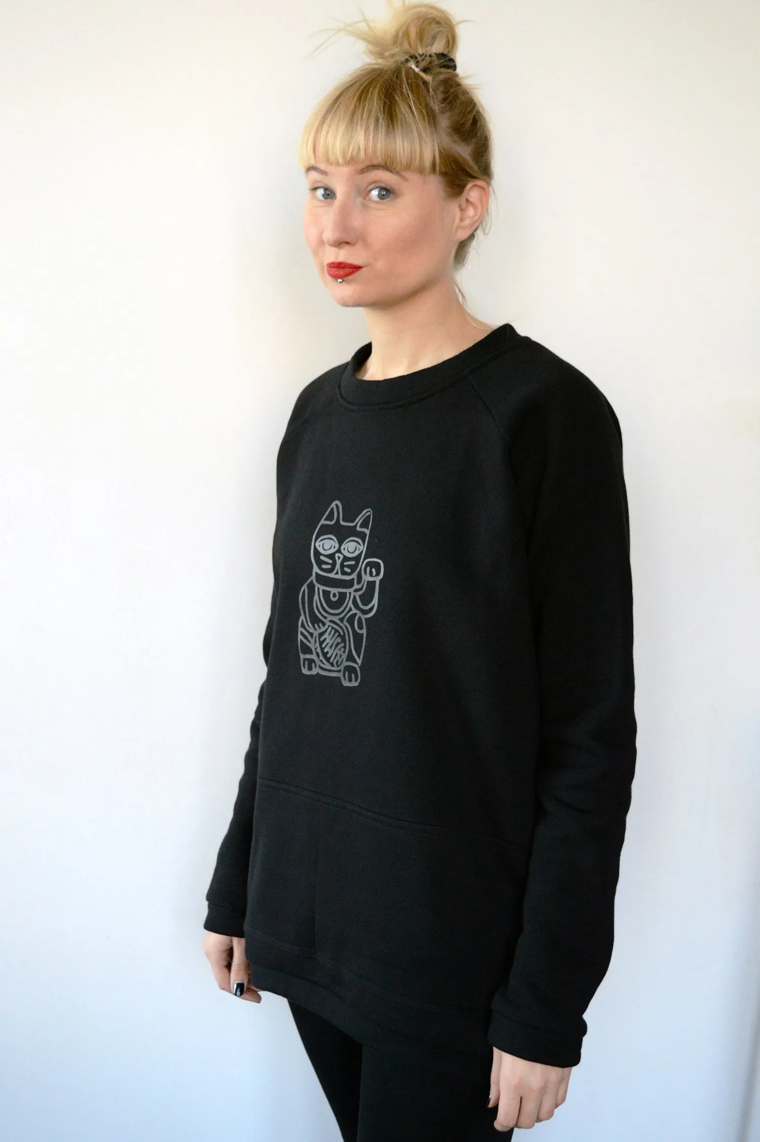 Light Grey Long and Warm Unisex Statement Sweater with Lucky Cat - Maneki-Neko Print "Somebody's Lucky Cat"