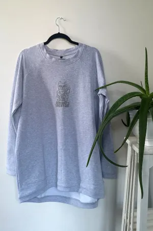 Light Grey Long and Warm Unisex Statement Sweater with Lucky Cat - Maneki-Neko Print "Somebody's Lucky Cat"