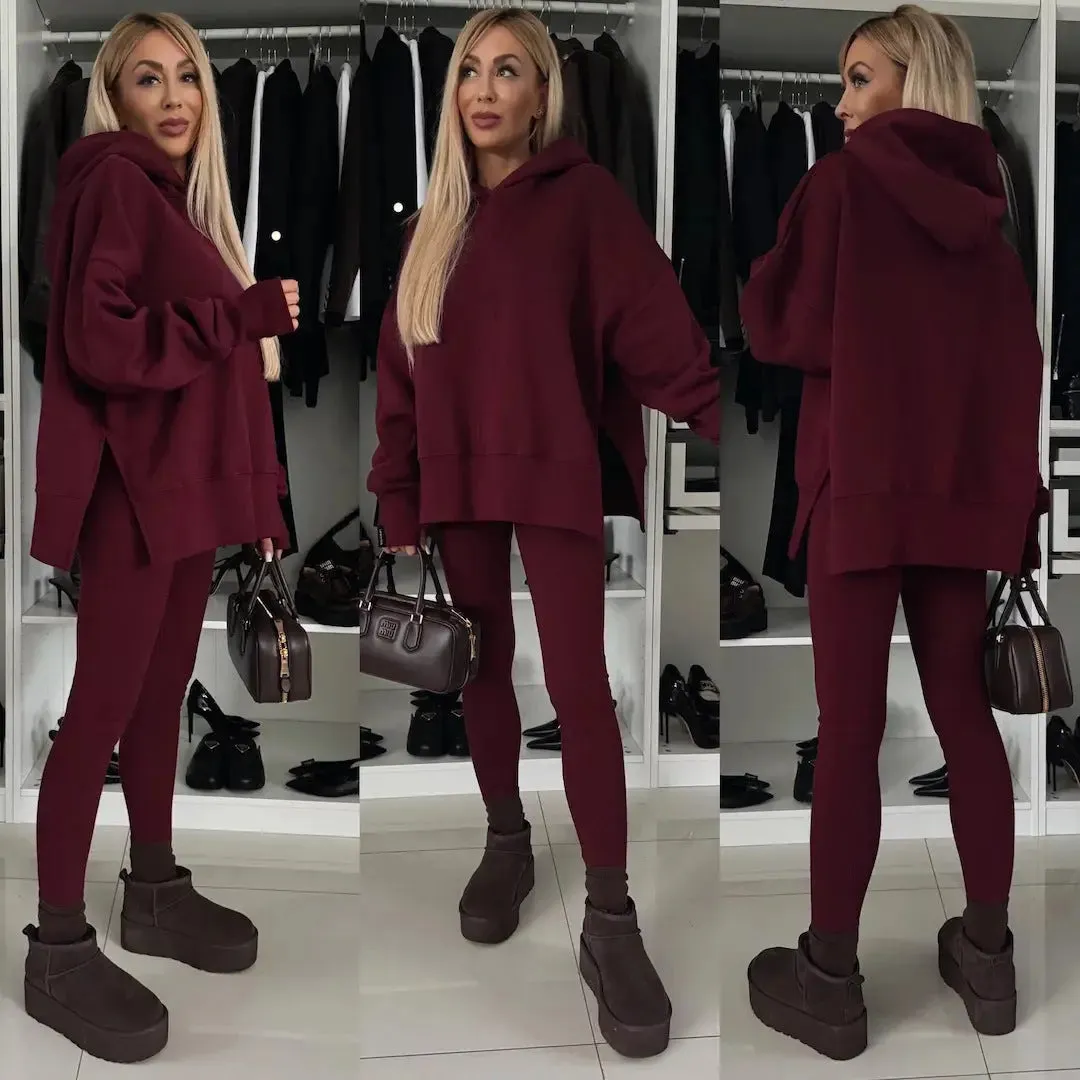 Loose Solid Colour Hooded Sweater Set