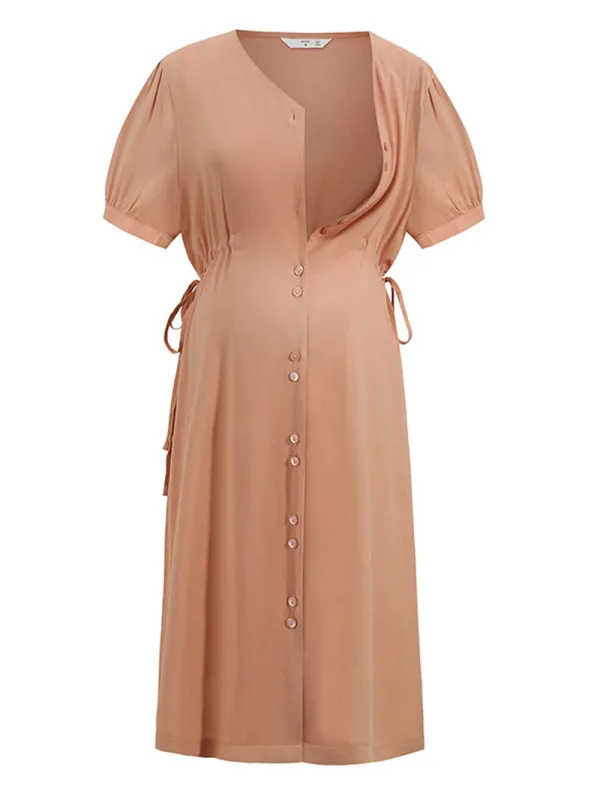 Maternity Drawstring Waist Short Sleeve Button Dress