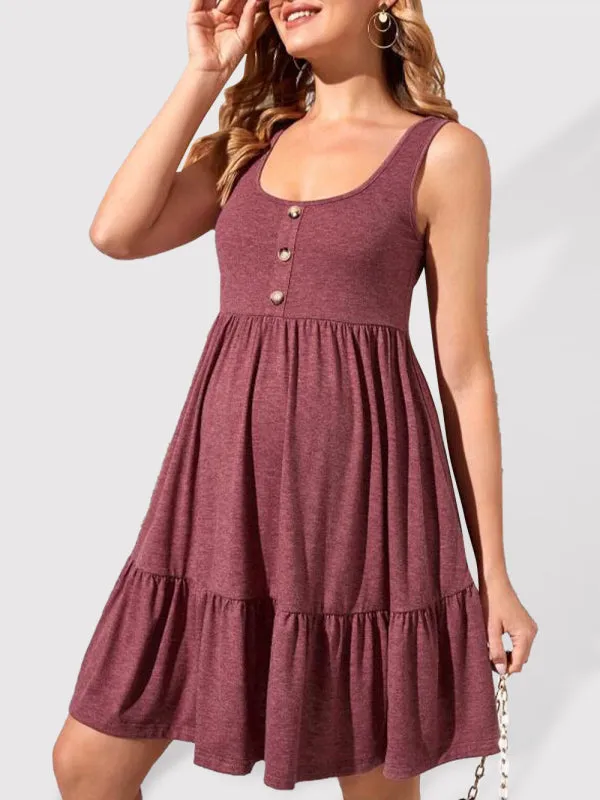 Maternity Knitted U-Neck Ruffle Button A-Line Dress