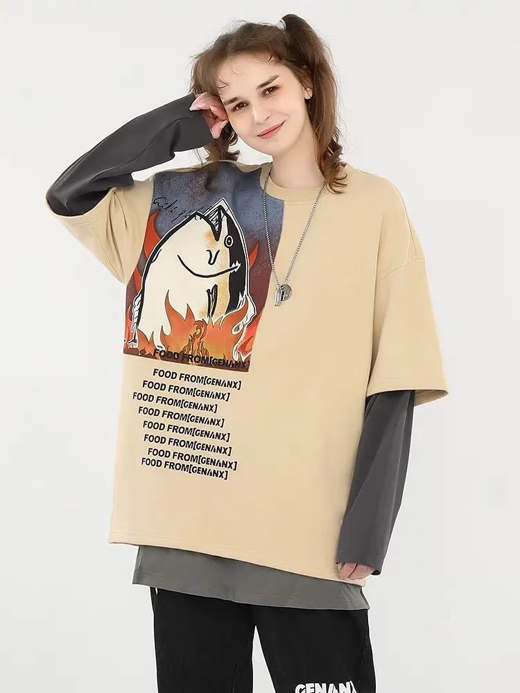 Meal Series Fake Two Pieces Contrast Color Grilled Fish Print Cotton Sweatshirt