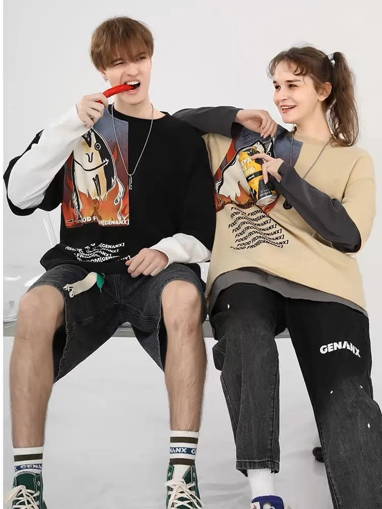 Meal Series Fake Two Pieces Contrast Color Grilled Fish Print Cotton Sweatshirt