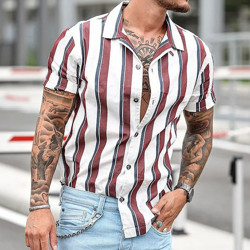 Men's Casual striped slim-fit lapel cotton thin youth short-sleeved lapel shirt cardigan