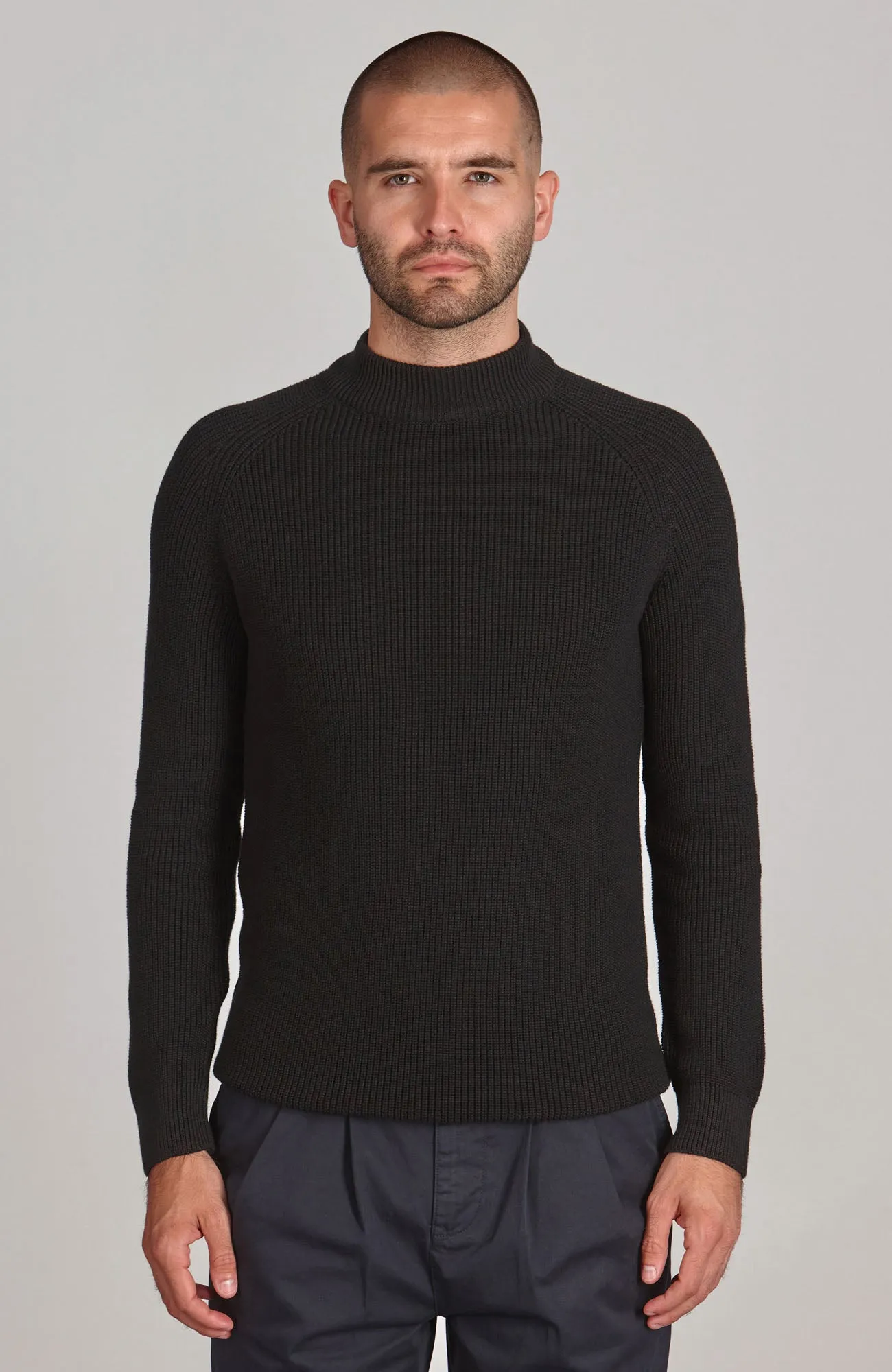 Mens Midweight Cotton Ribbed Mock Turtle Neck Jumper