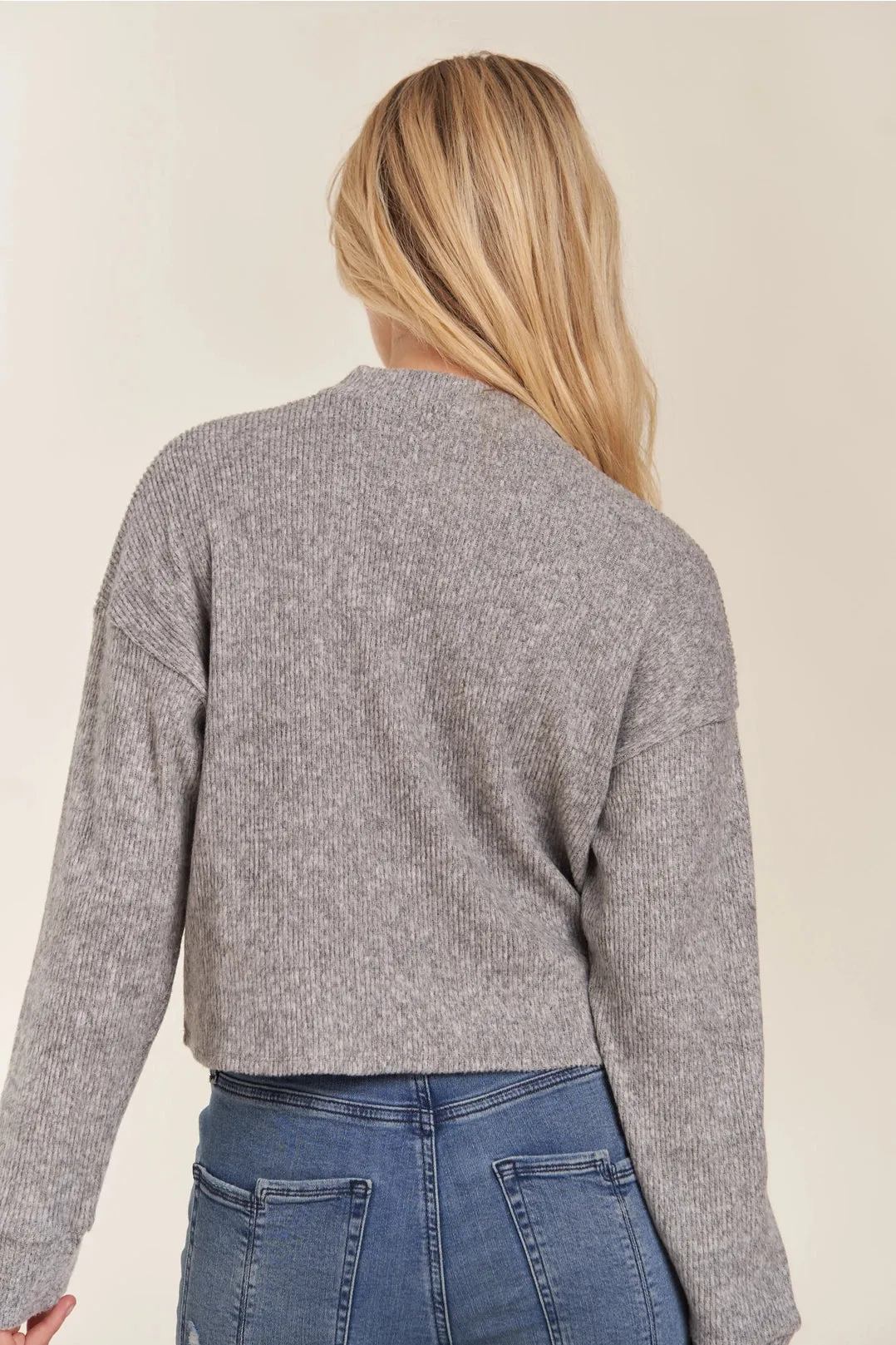 Mock Neck Hi-Low Crop Top Sweater - Grey (READY TO SHIP)