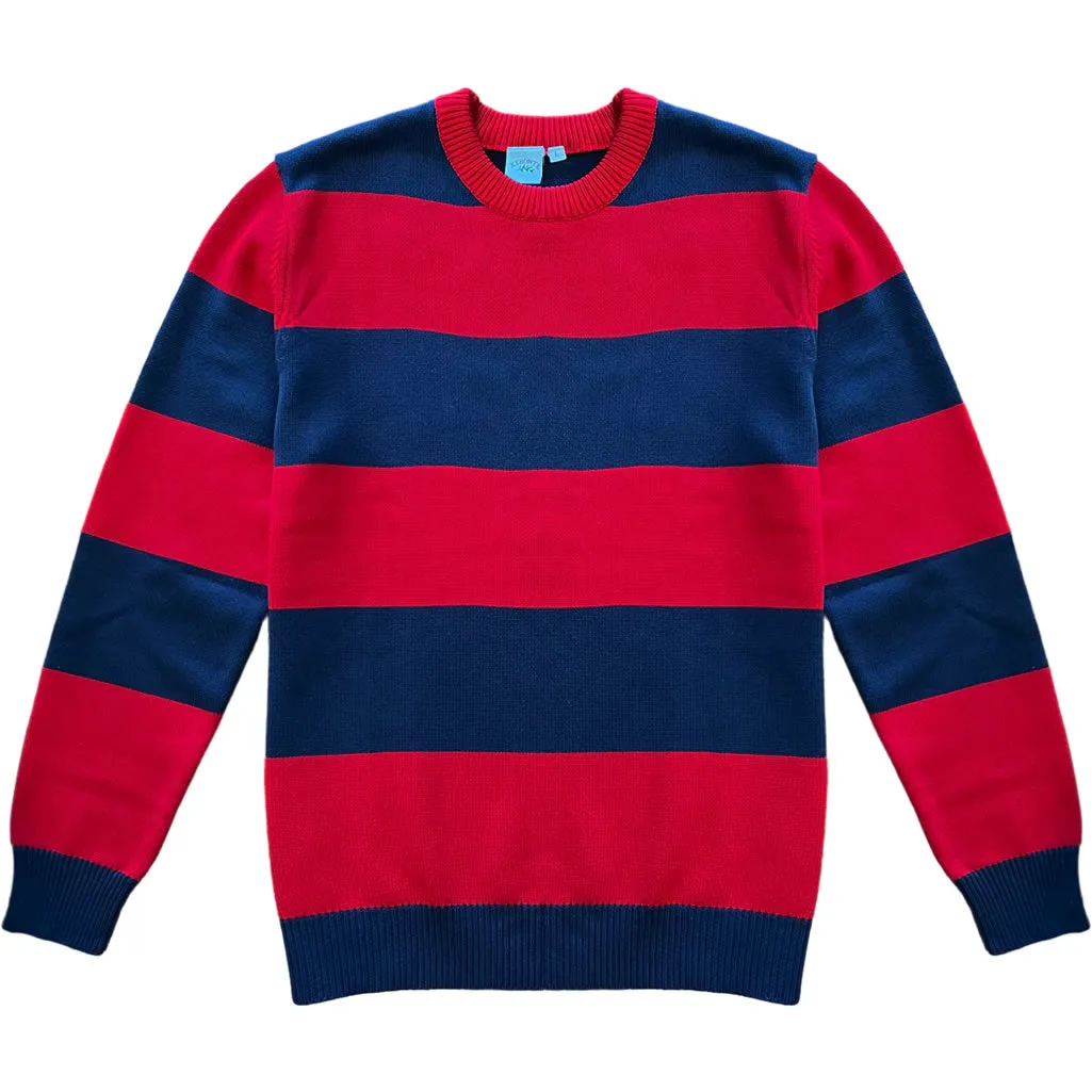 Navy Blue And Red Rugby Stripe Mens Cotton Crewneck Sweater