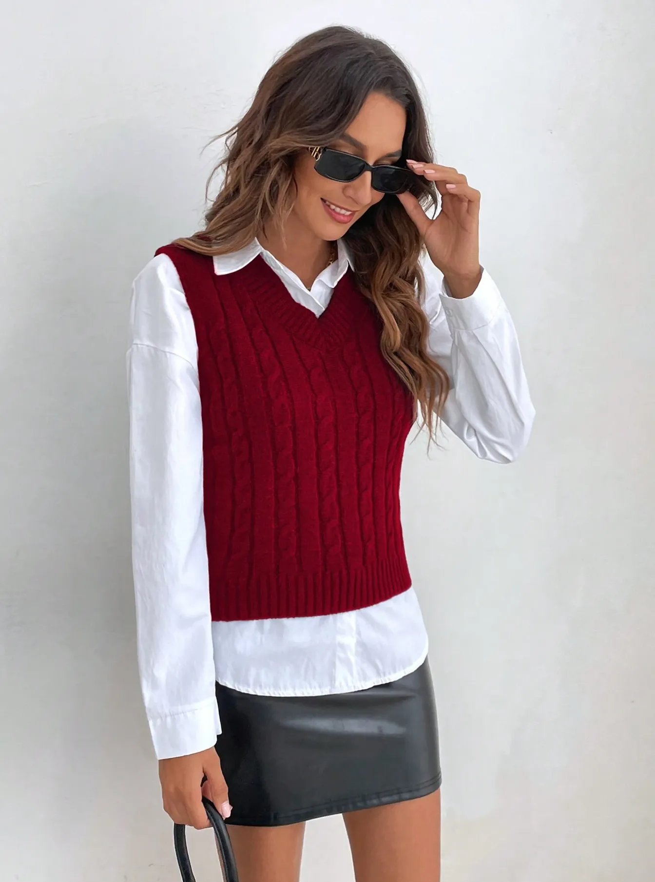 Parien Solid Cable Knit Sweater Vest Without Blouse