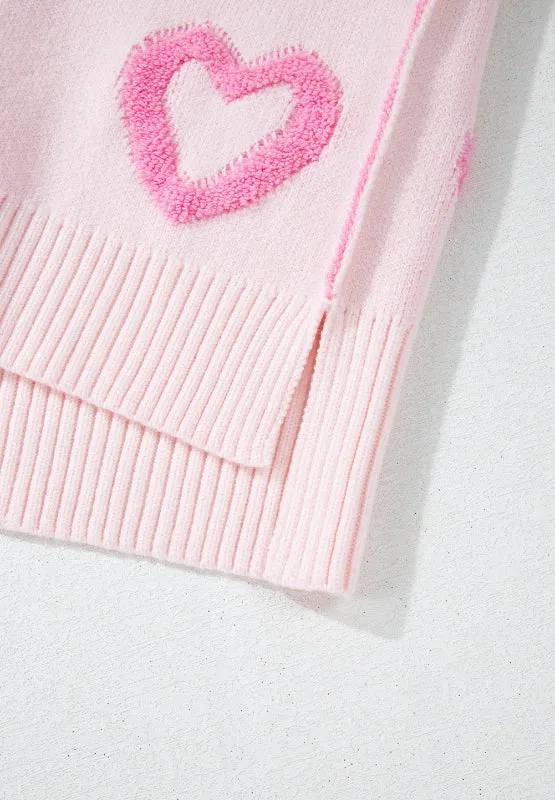 Pink Heart Sweater Cute New Women's Fashion High-Low Heart Round Neck Long Sleeve Sweater