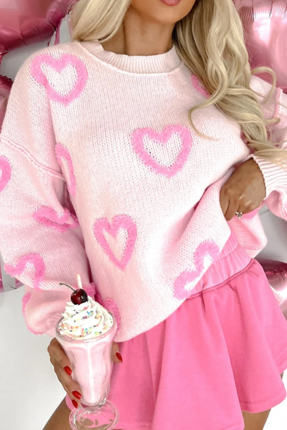 Pink Heart Sweater Cute New Women's Fashion High-Low Heart Round Neck Long Sleeve Sweater