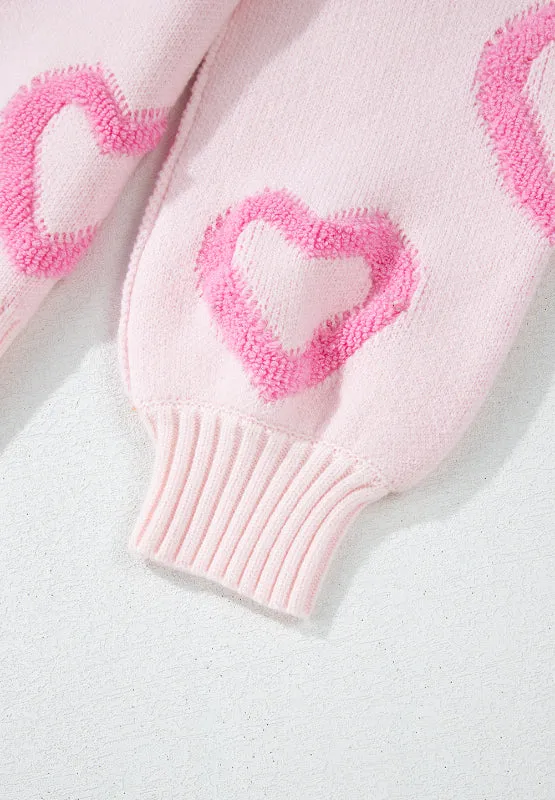 Pink Heart Sweater Cute New Women's Fashion High-Low Heart Round Neck Long Sleeve Sweater