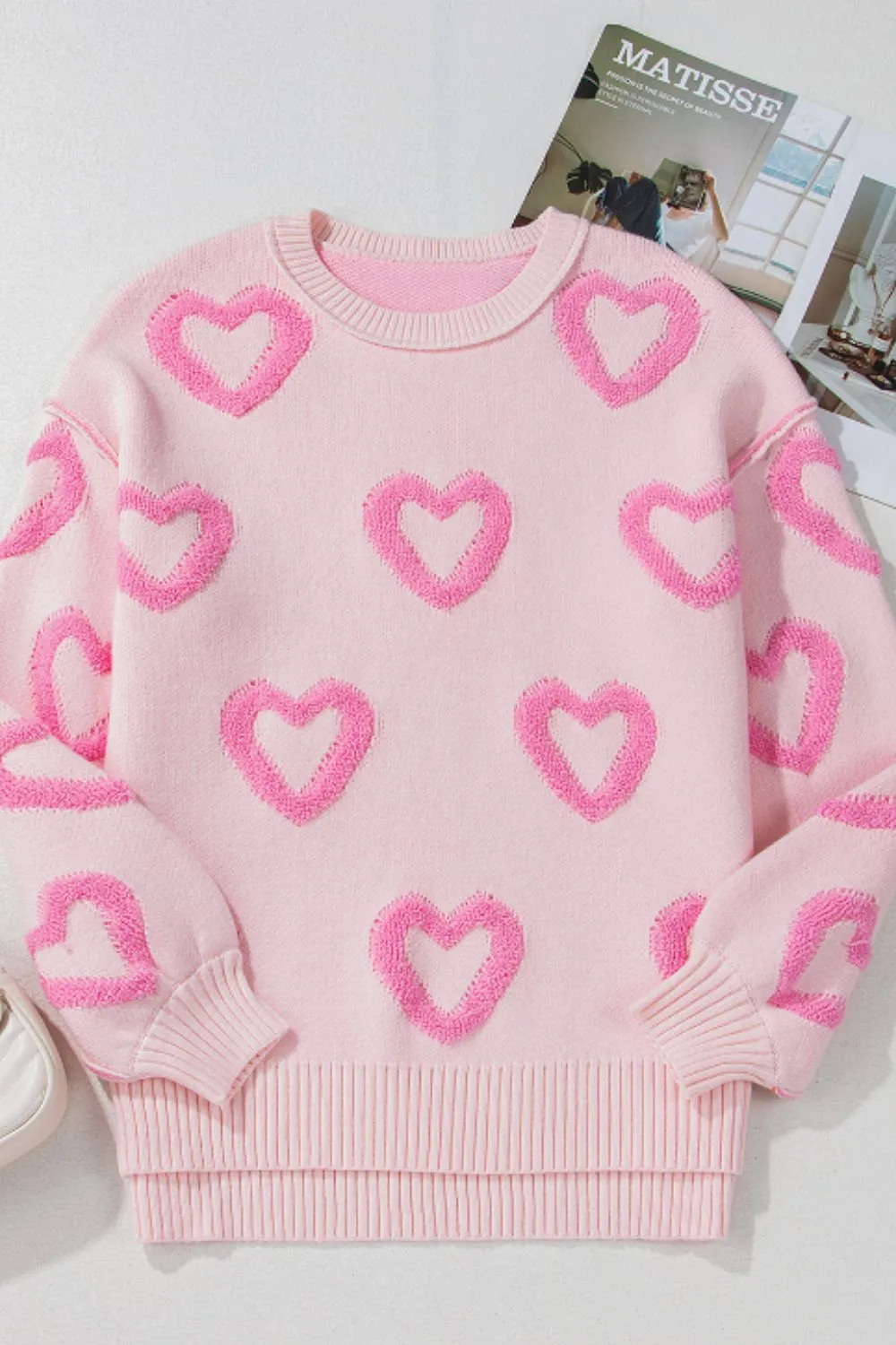 Pink Heart Sweater Cute New Women's Fashion High-Low Heart Round Neck Long Sleeve Sweater