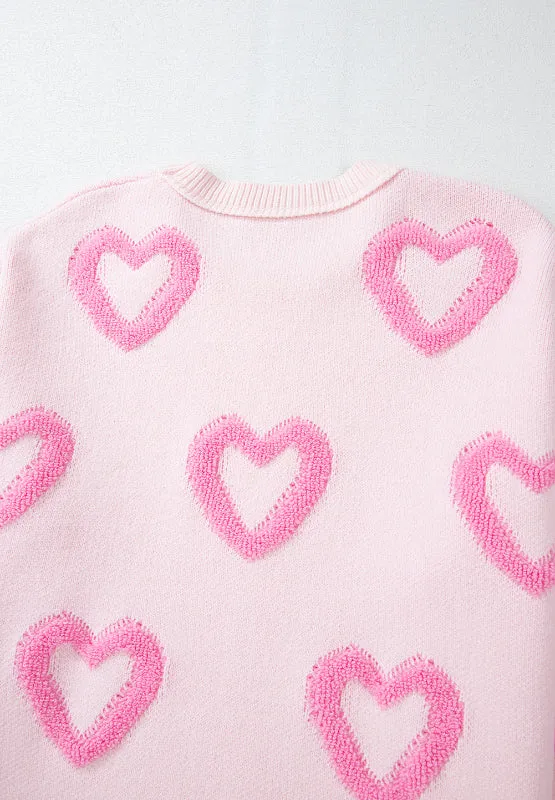 Pink Heart Sweater Cute New Women's Fashion High-Low Heart Round Neck Long Sleeve Sweater