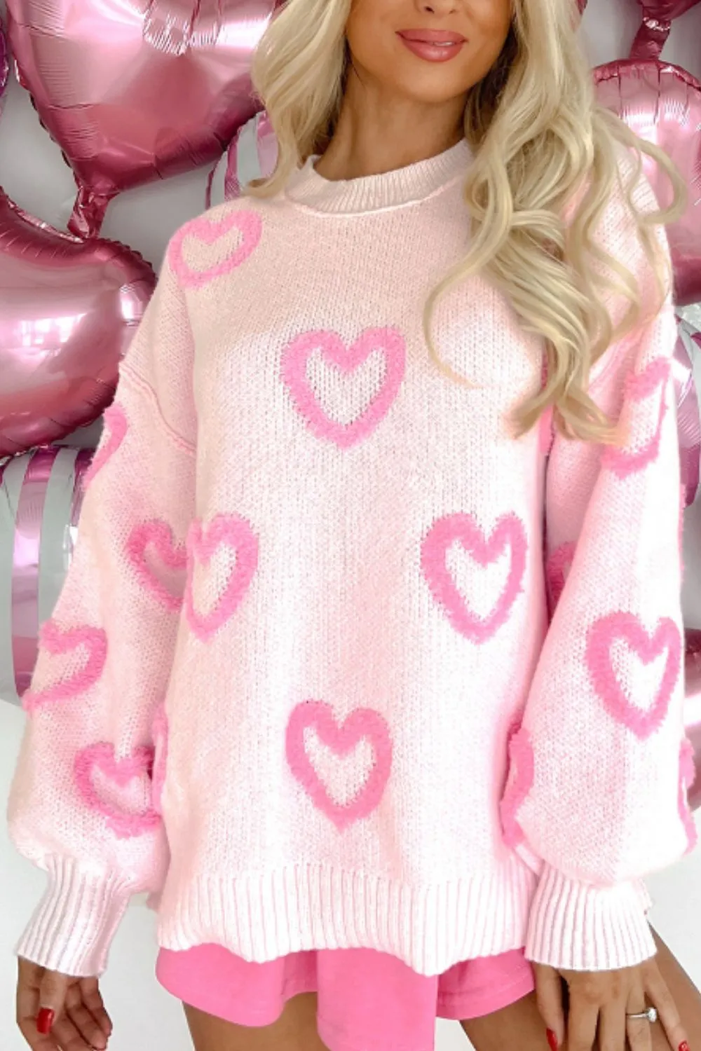 Pink Heart Sweater Cute New Women's Fashion High-Low Heart Round Neck Long Sleeve Sweater