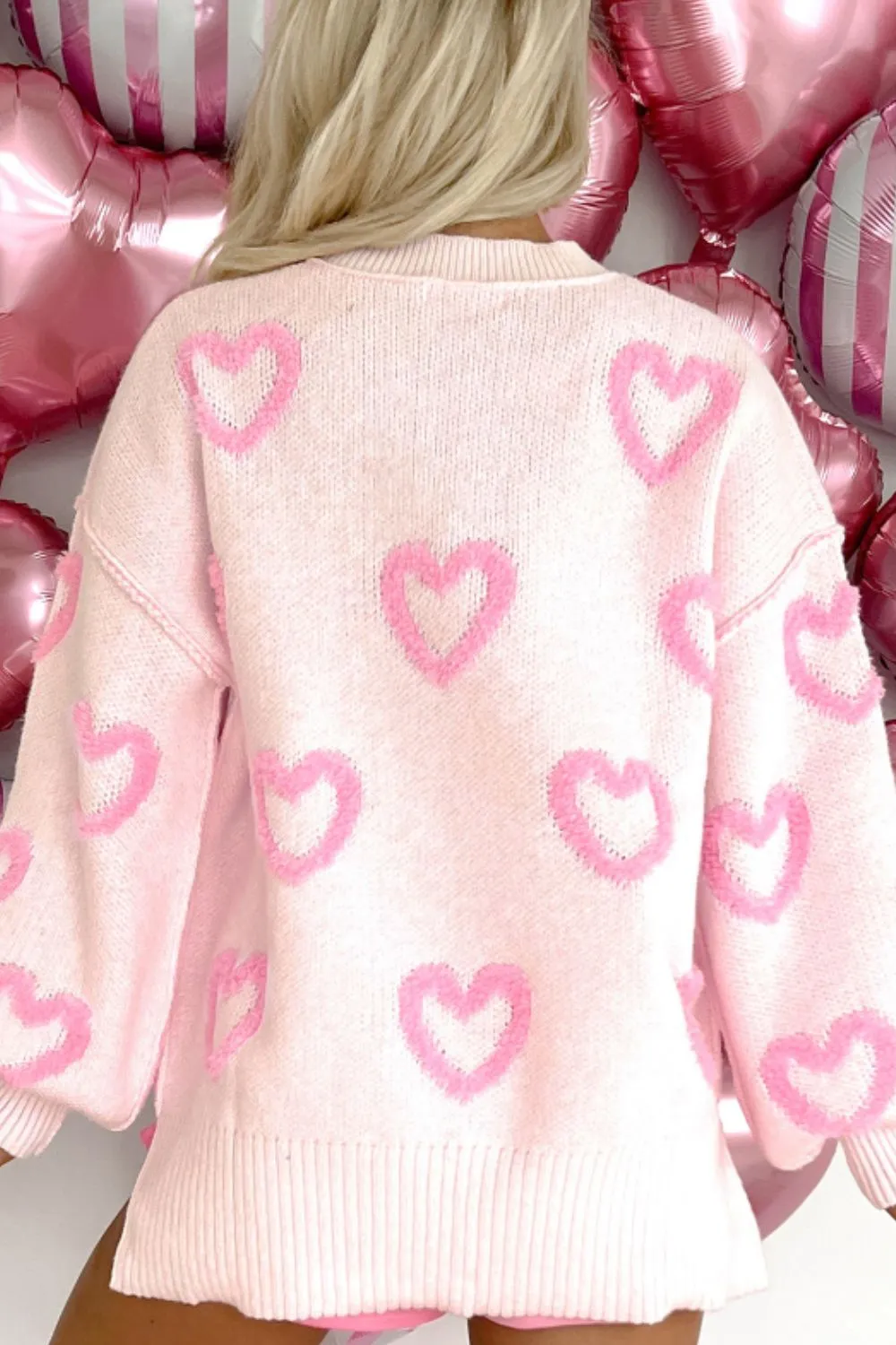 Pink Heart Sweater Cute New Women's Fashion High-Low Heart Round Neck Long Sleeve Sweater