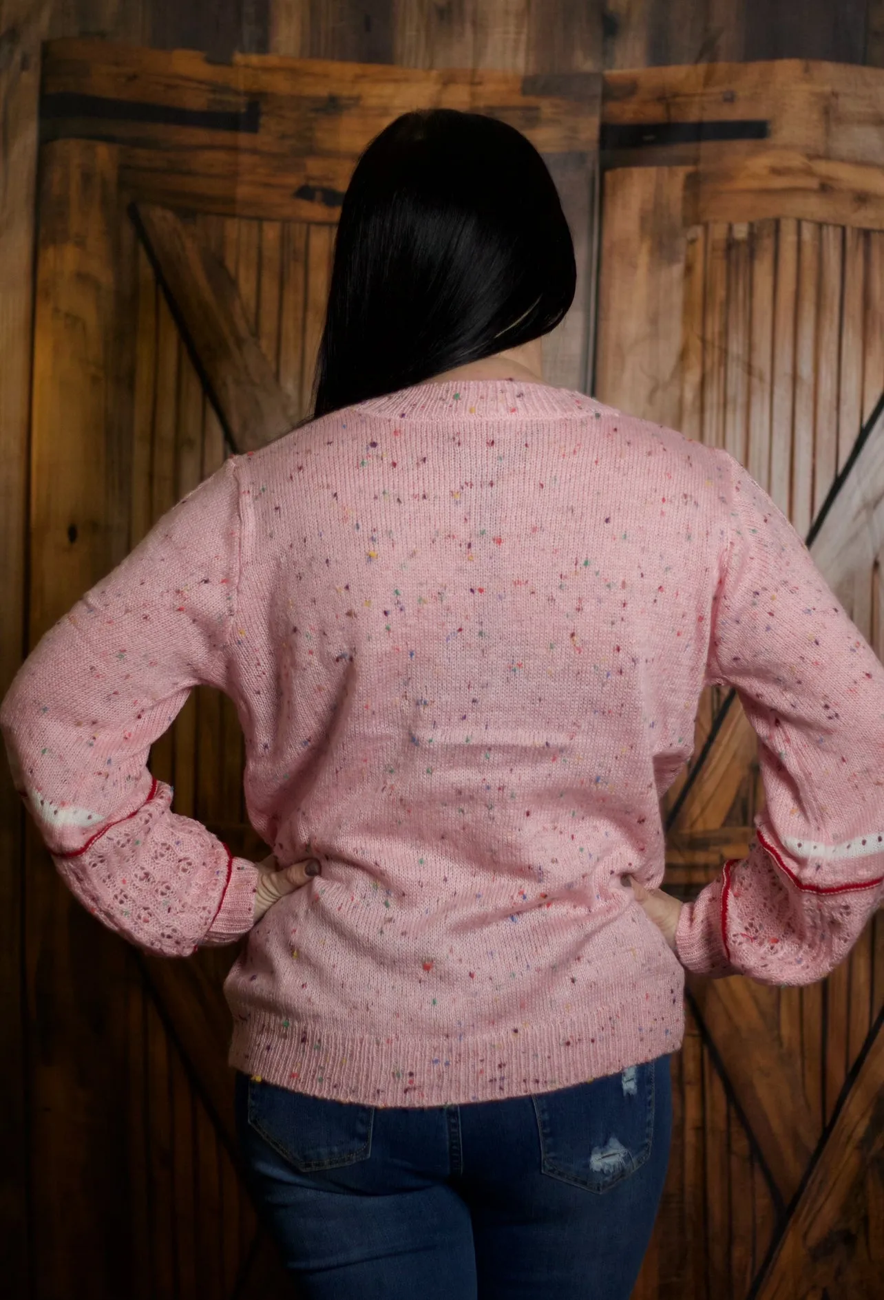 Pink Pilling Detail Patterned Sleeve Sweater