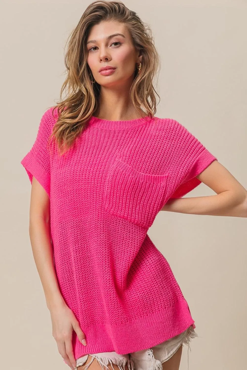 Pink Sweater BiBi Patch Pocket Short Sleeve Knitwear