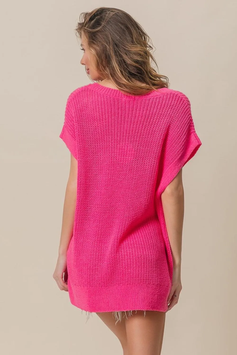 Pink Sweater BiBi Patch Pocket Short Sleeve Knitwear