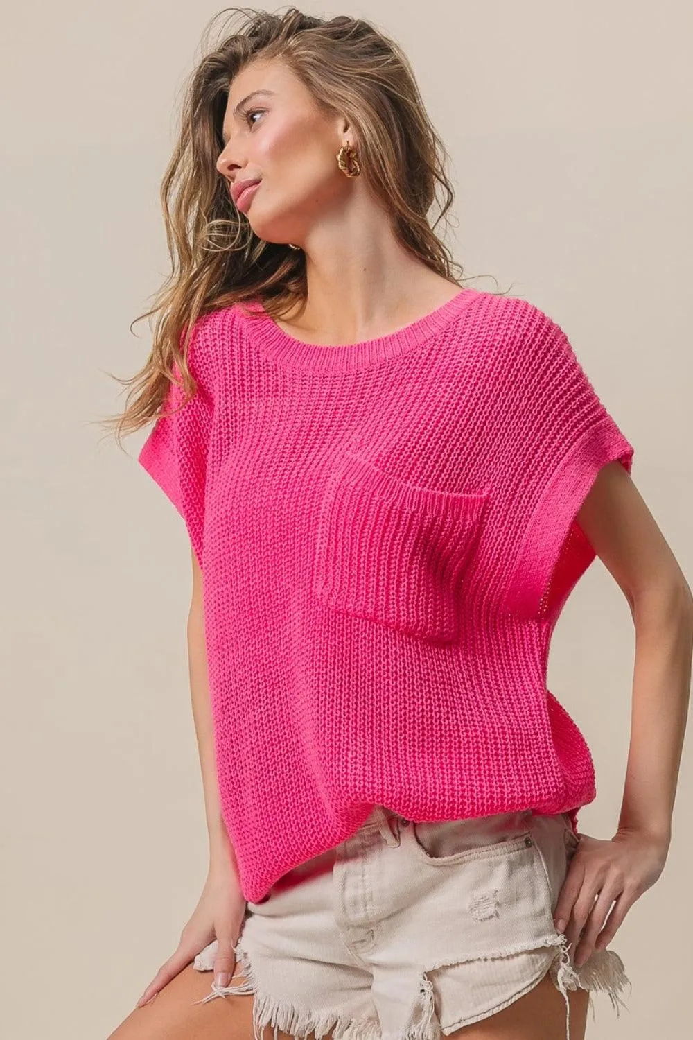 Pink Sweater BiBi Patch Pocket Short Sleeve Knitwear