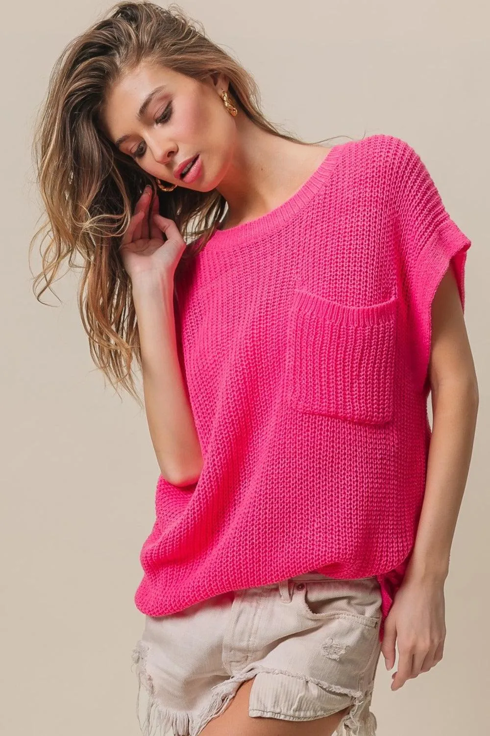 Pink Sweater BiBi Patch Pocket Short Sleeve Knitwear