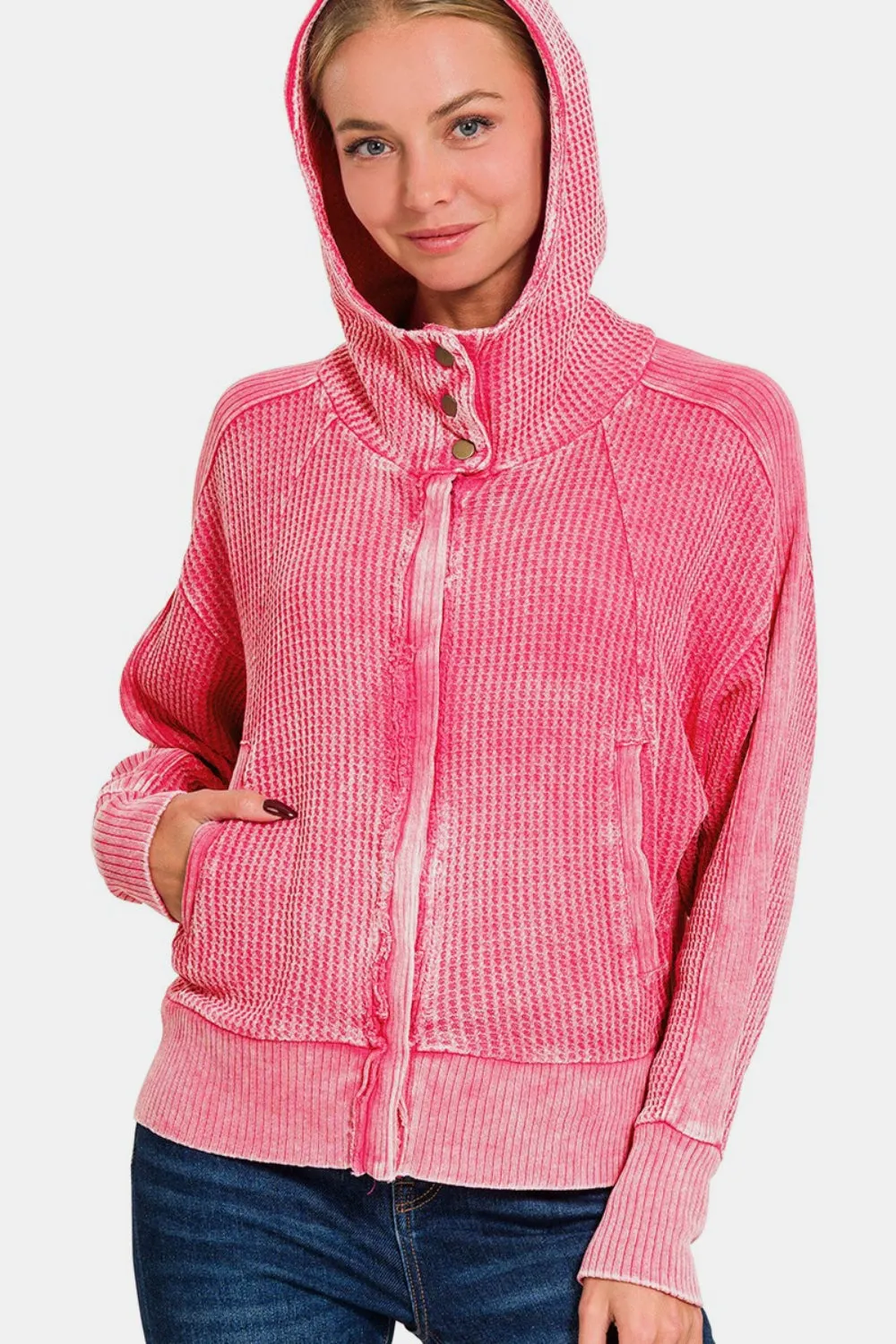 Pink Zip Up Sweater 100% Cotton Premium Luxury New Women's Fashion KESLEY Washed Zip Up Hooded Sweatshirt Jacket