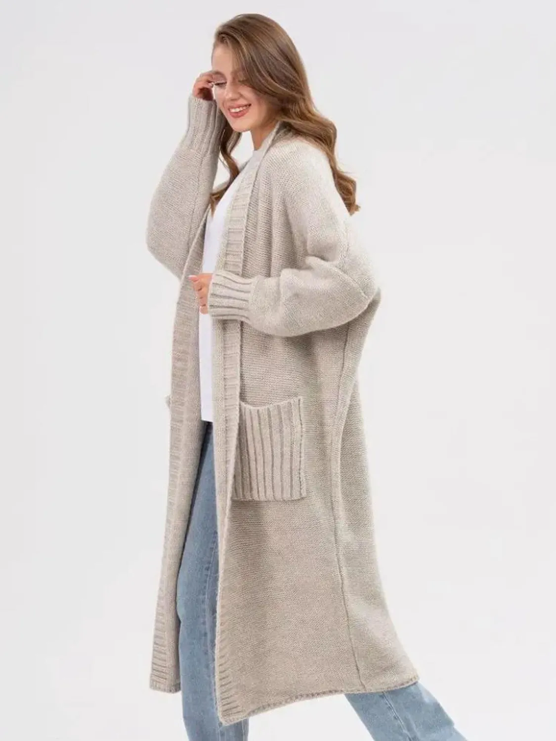 Pocketed Open Front Long Sleeve Longline Cardigan