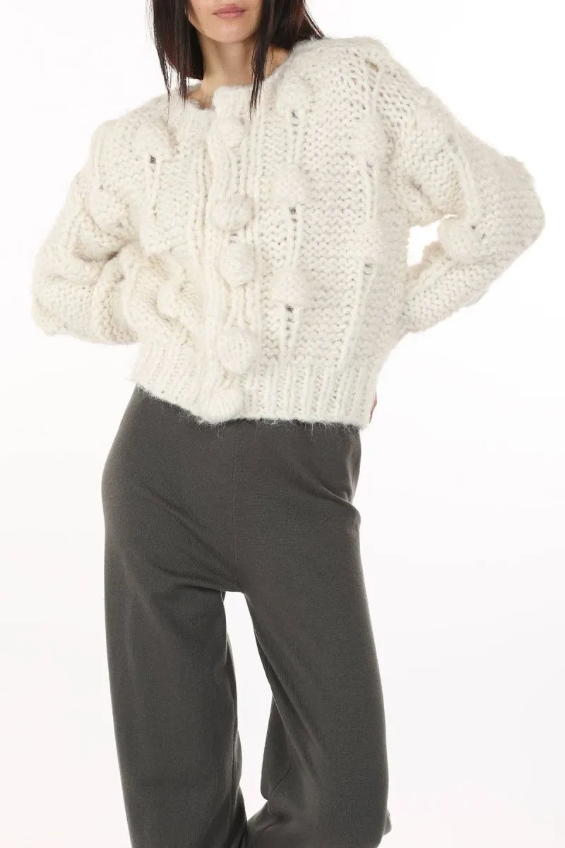 Pom Pom Cable Knit Cardigan | White