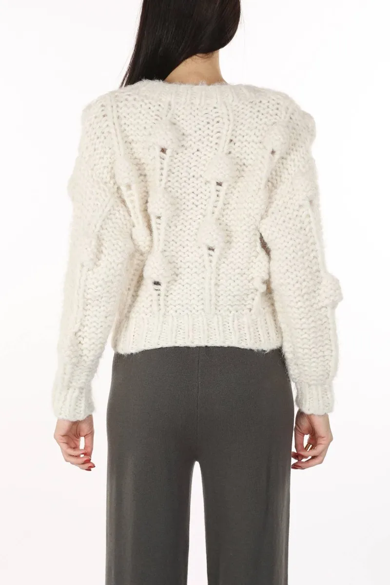 Pom Pom Cable Knit Cardigan | White