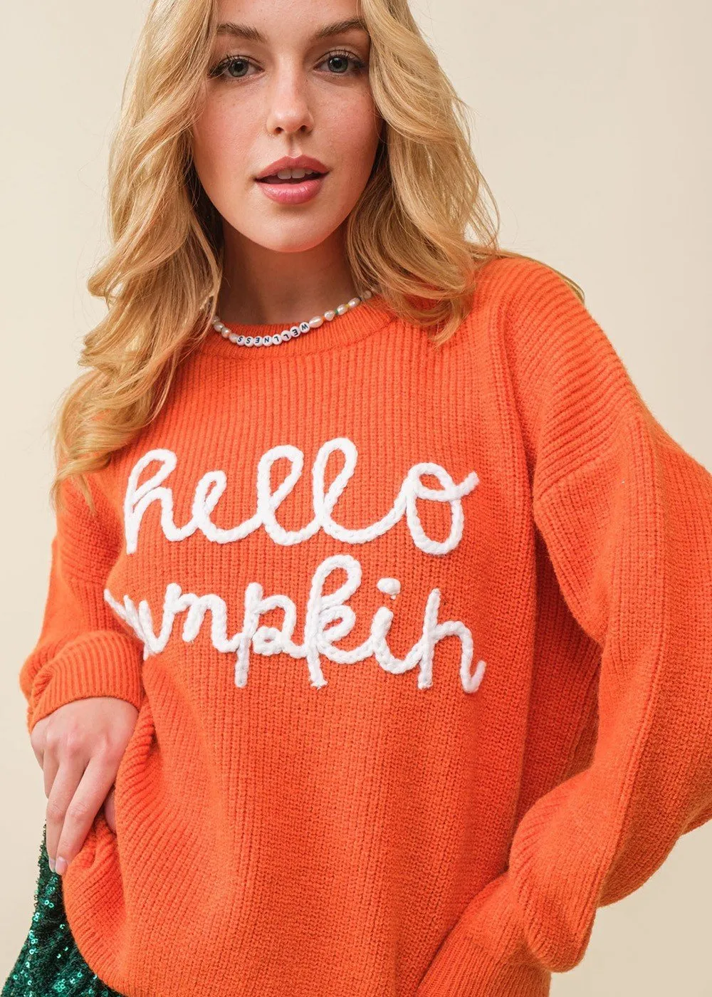 "Hello Pumpkin" Halloween Contrast Pullover Sweater