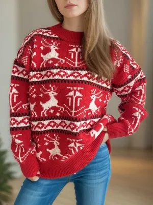 Red Christmas Holiday Reindeer Graphic Round Neck Long Sleeve Women's Sweater