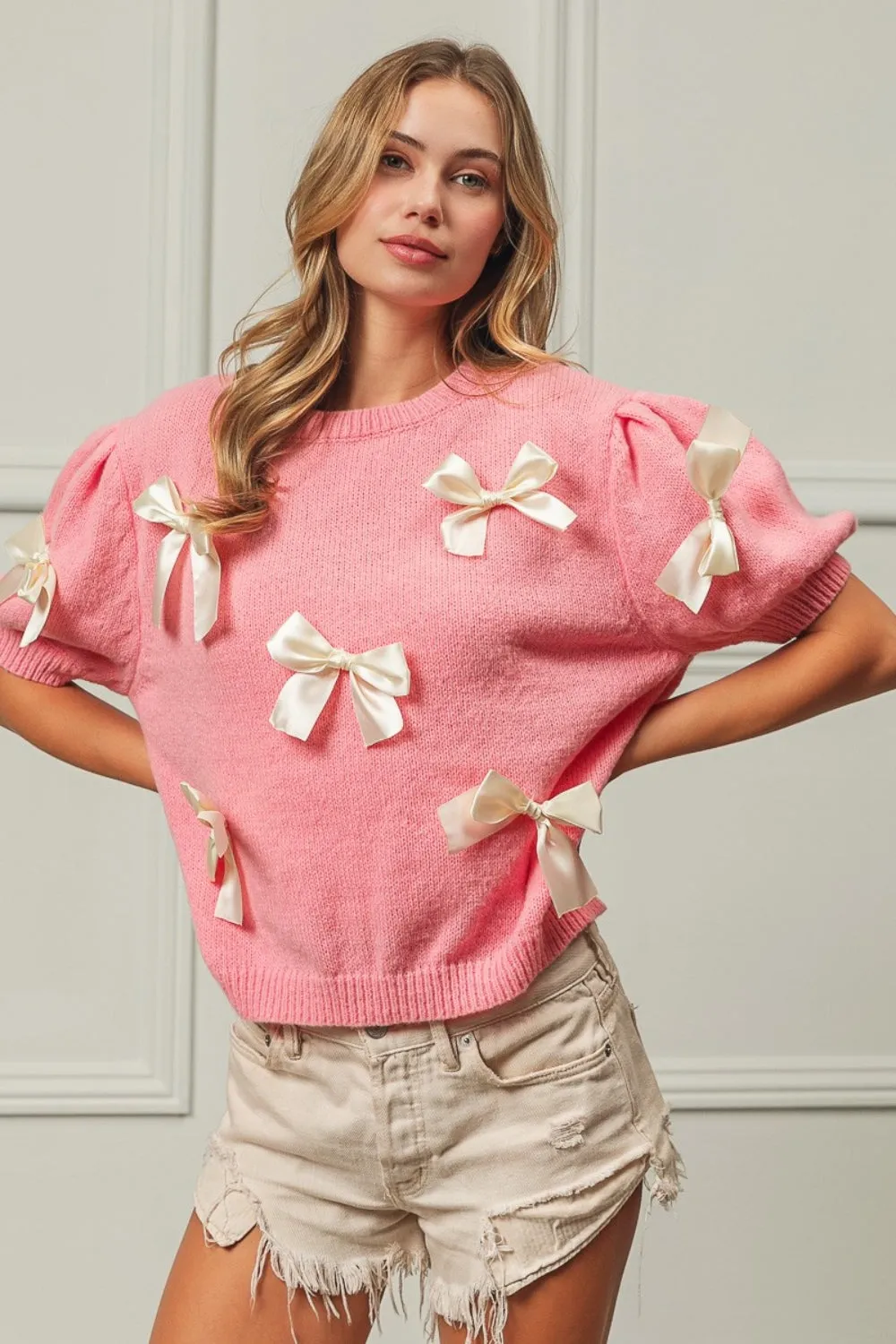 Ribbon Bow Detail Puff Sleeve Sweater by BiBi