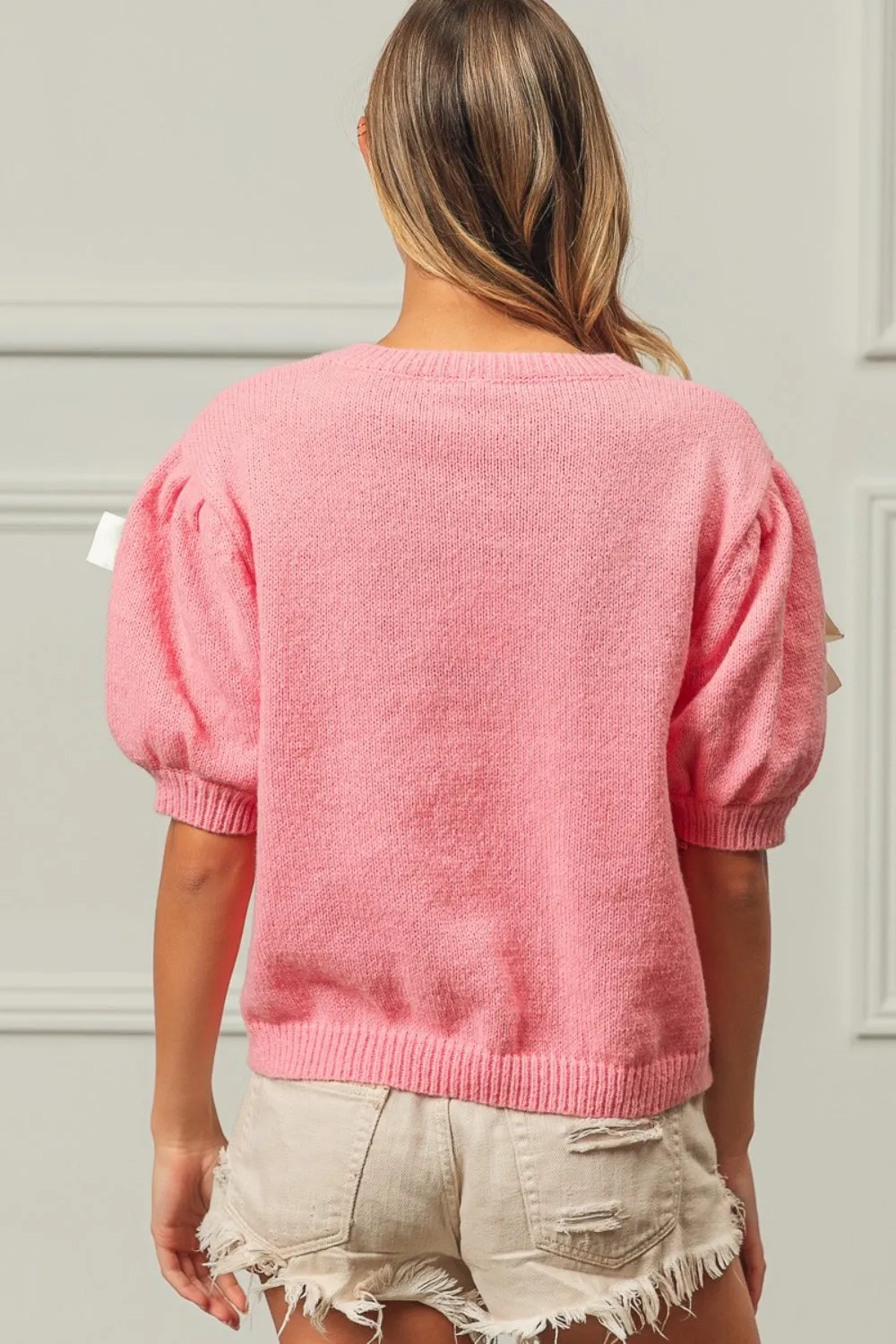 Ribbon Bow Detail Puff Sleeve Sweater by BiBi