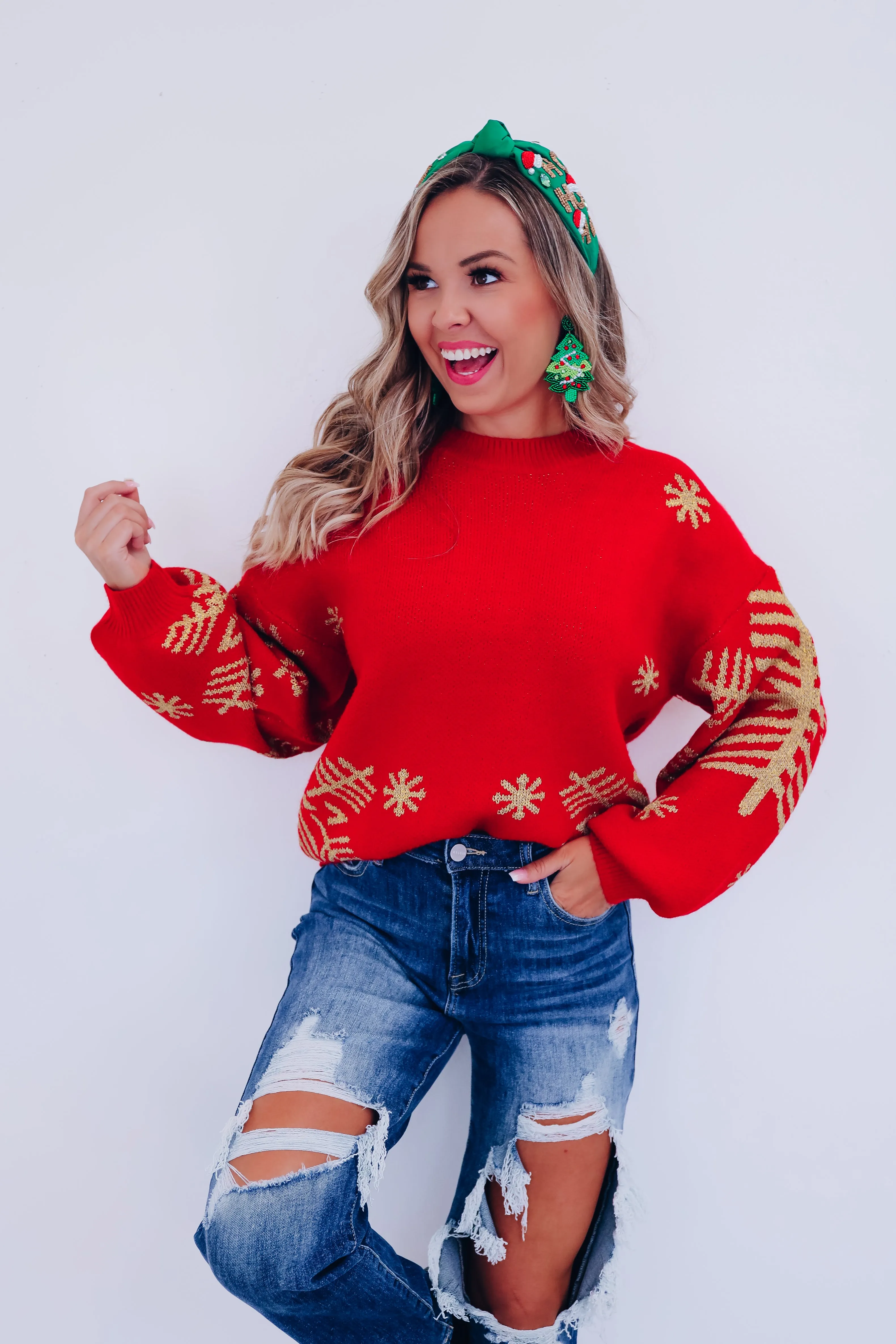 Serene Snowflake Print Sweater - Red