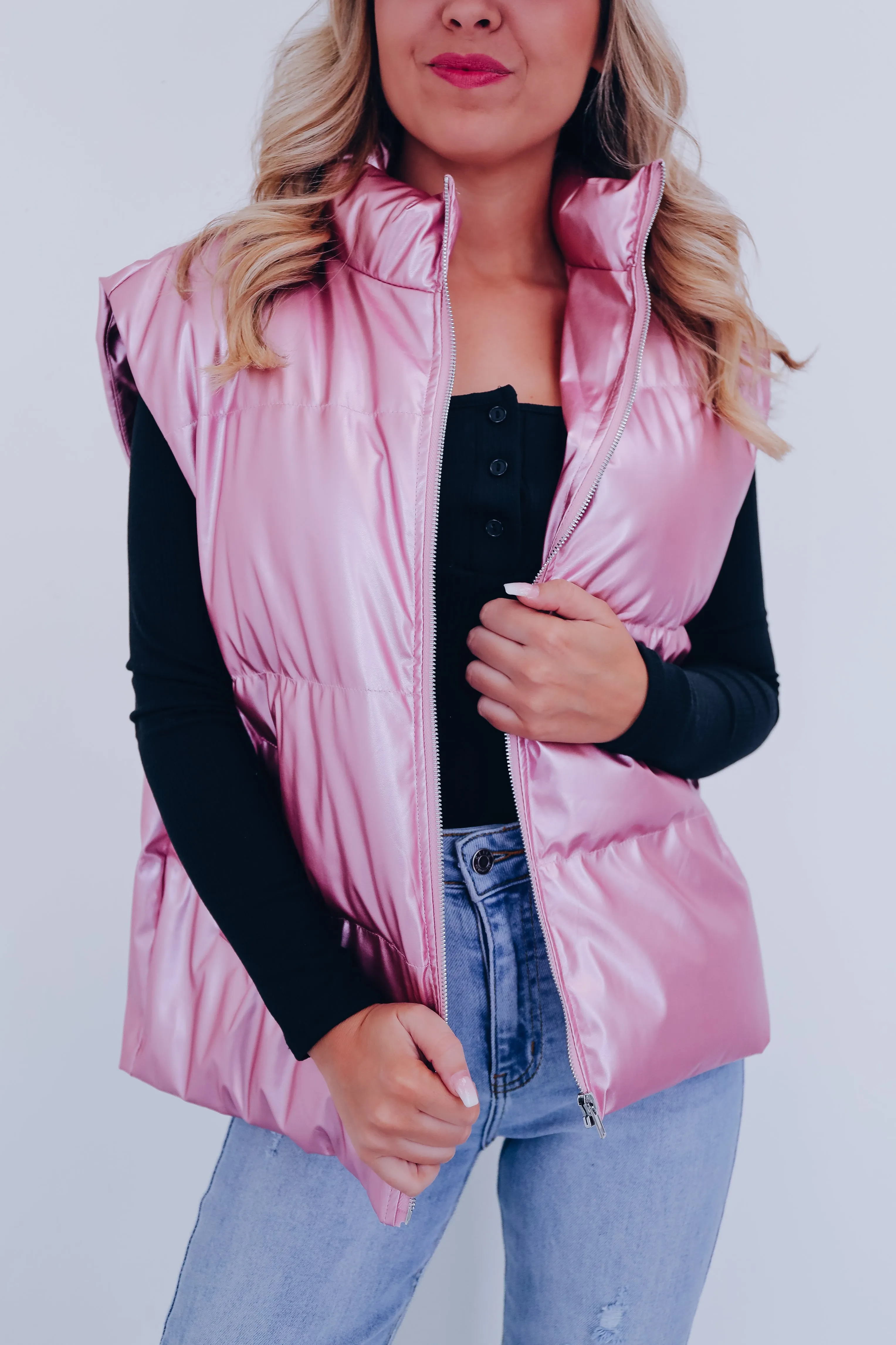 Shasta Shiny Puffer Vest - Pink