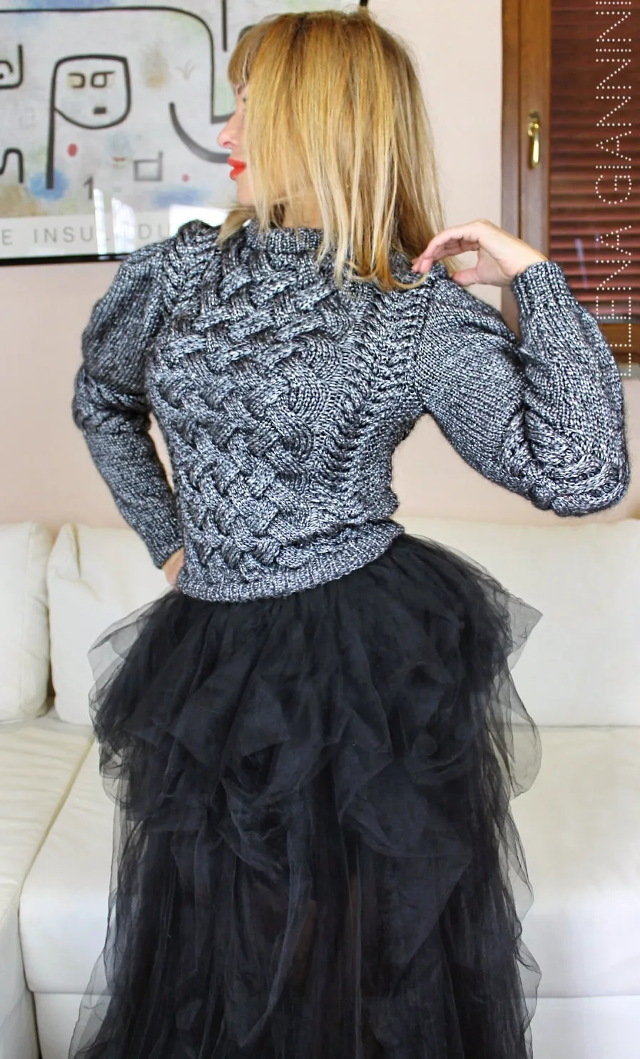 Silver Handknitted Designer Sweater with cables