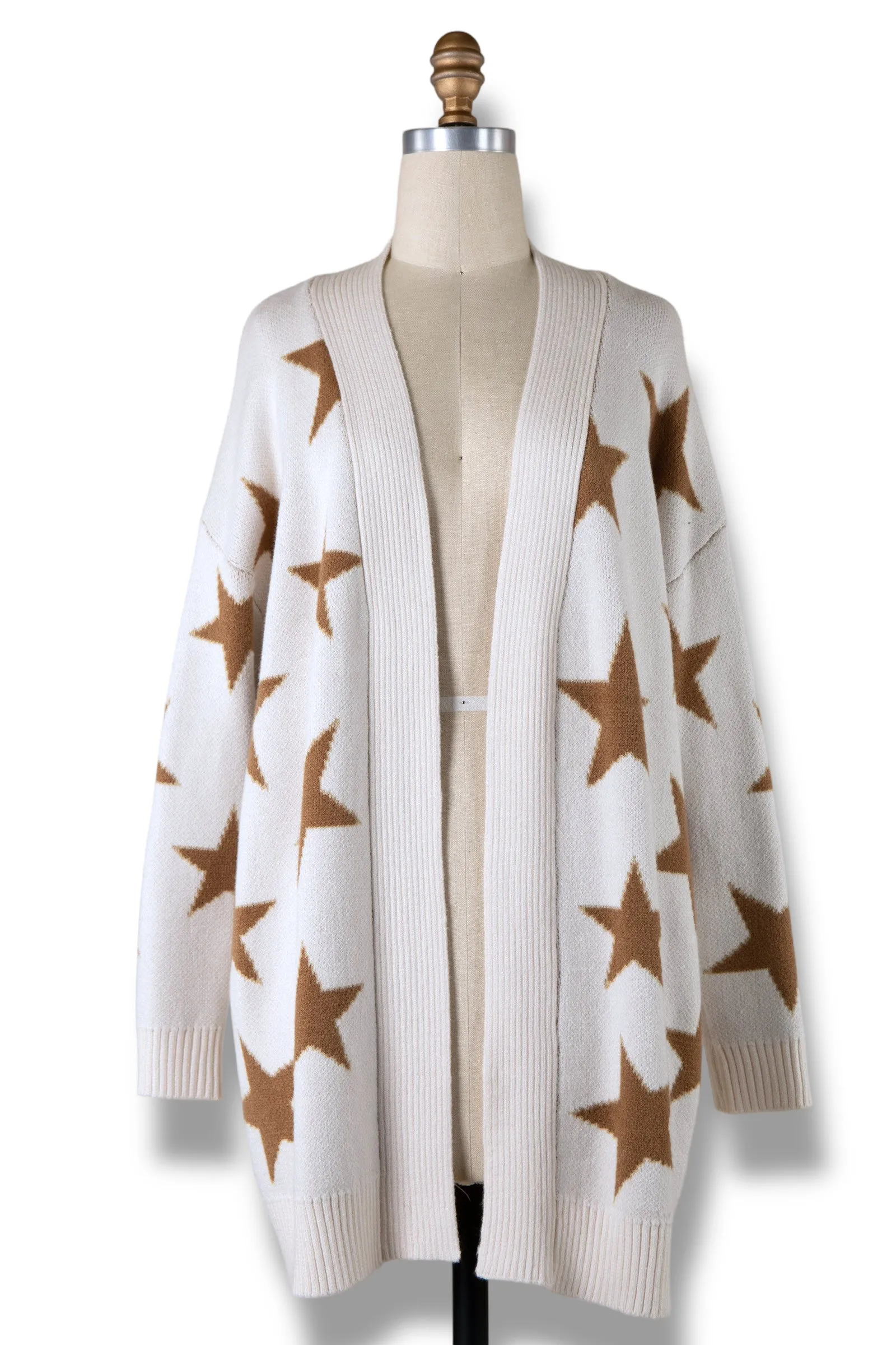 STAR PATTERN PRINT RIBBED TRIM CARDIGAN