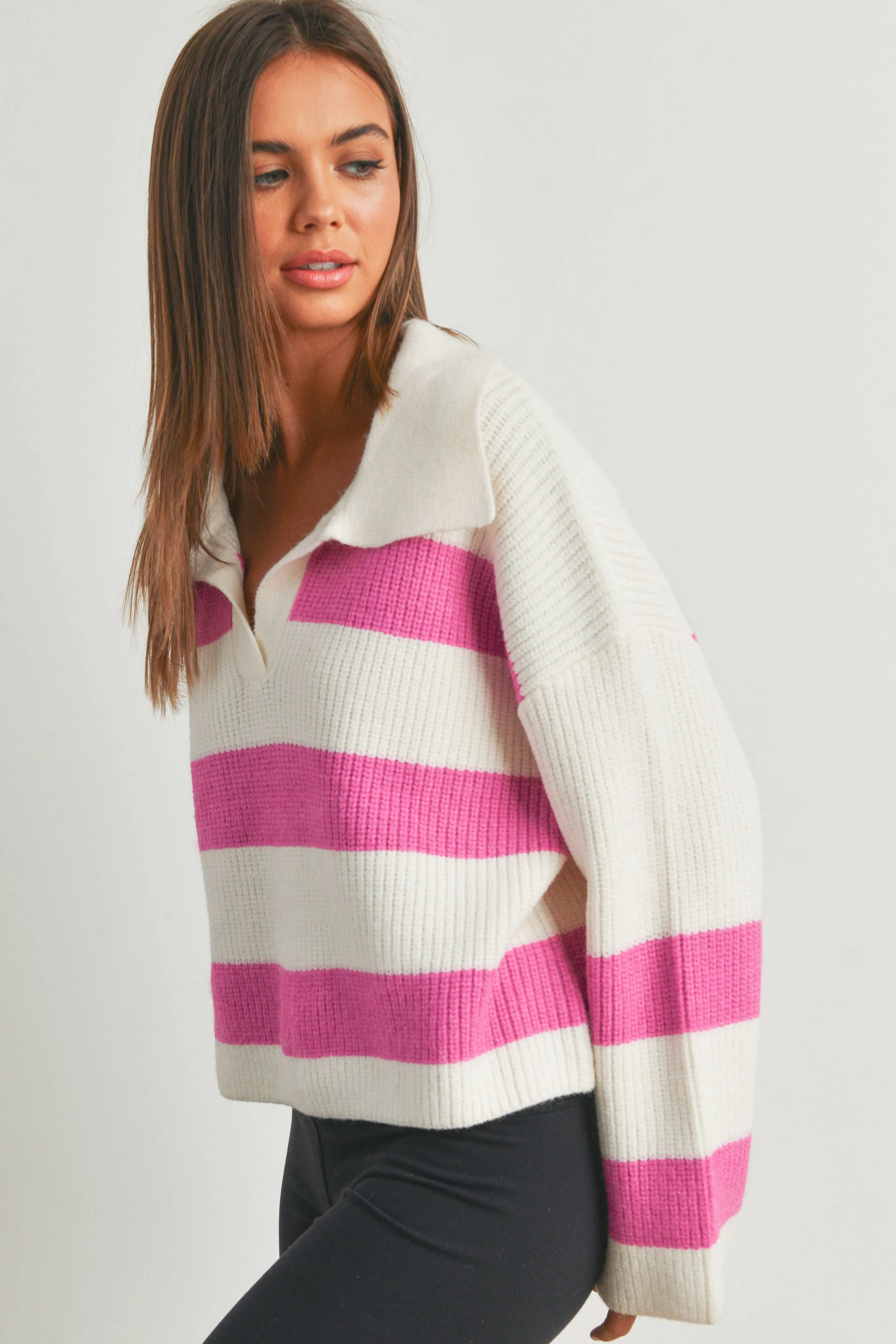 STRIPE DROP SHOULDER WITH WIDE COLLAR SWEATER