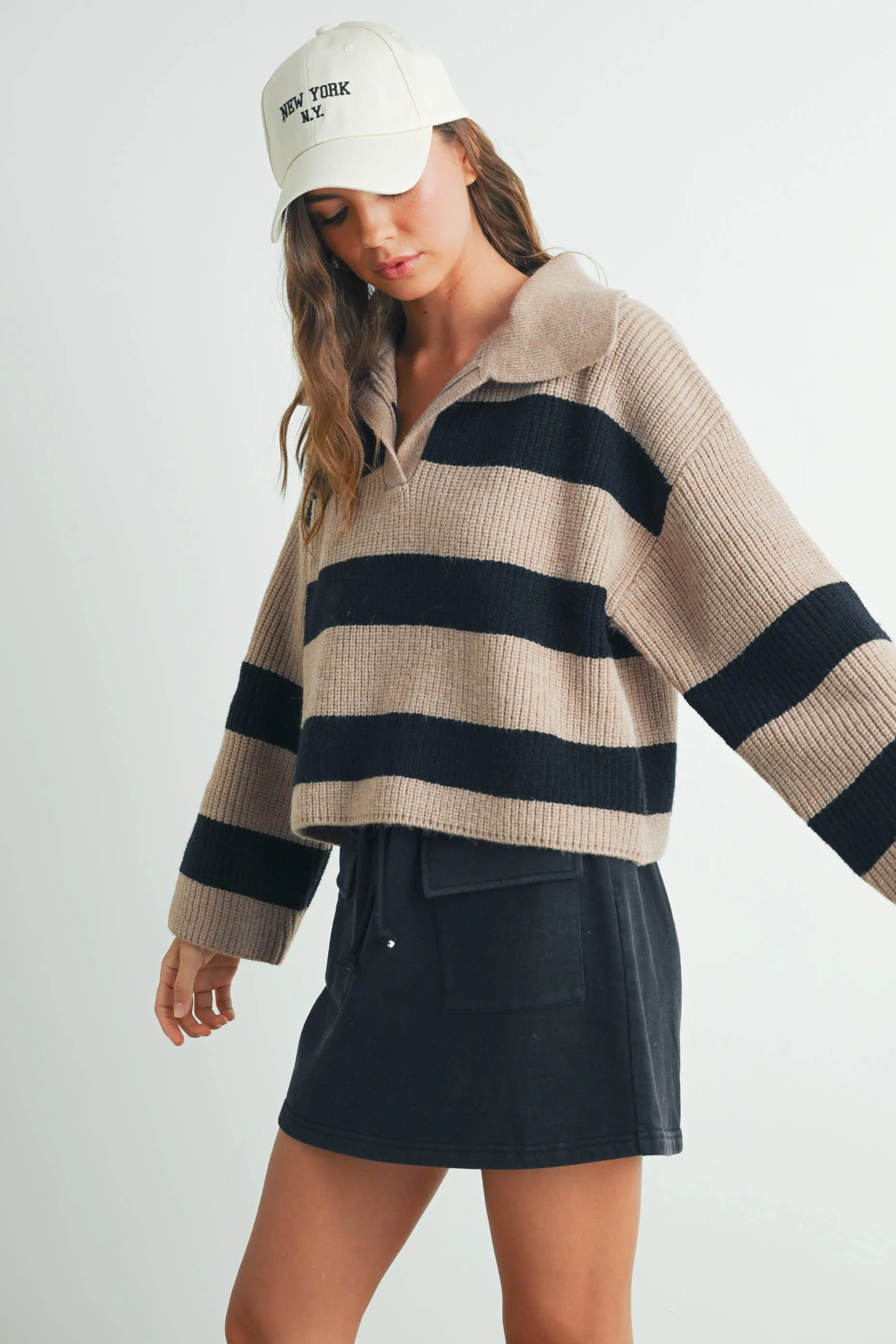 STRIPE DROP SHOULDER WITH WIDE COLLAR SWEATER