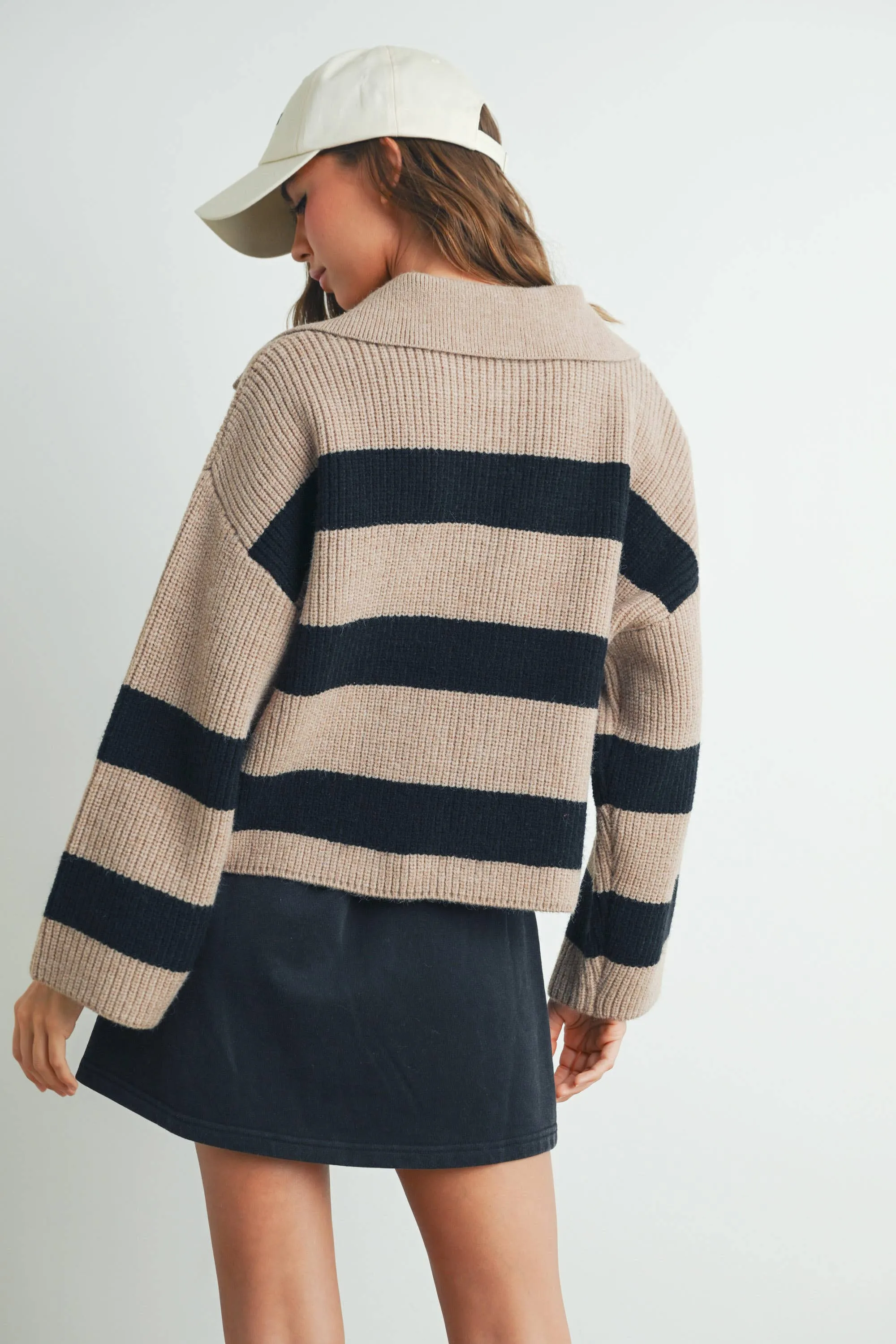 STRIPE DROP SHOULDER WITH WIDE COLLAR SWEATER