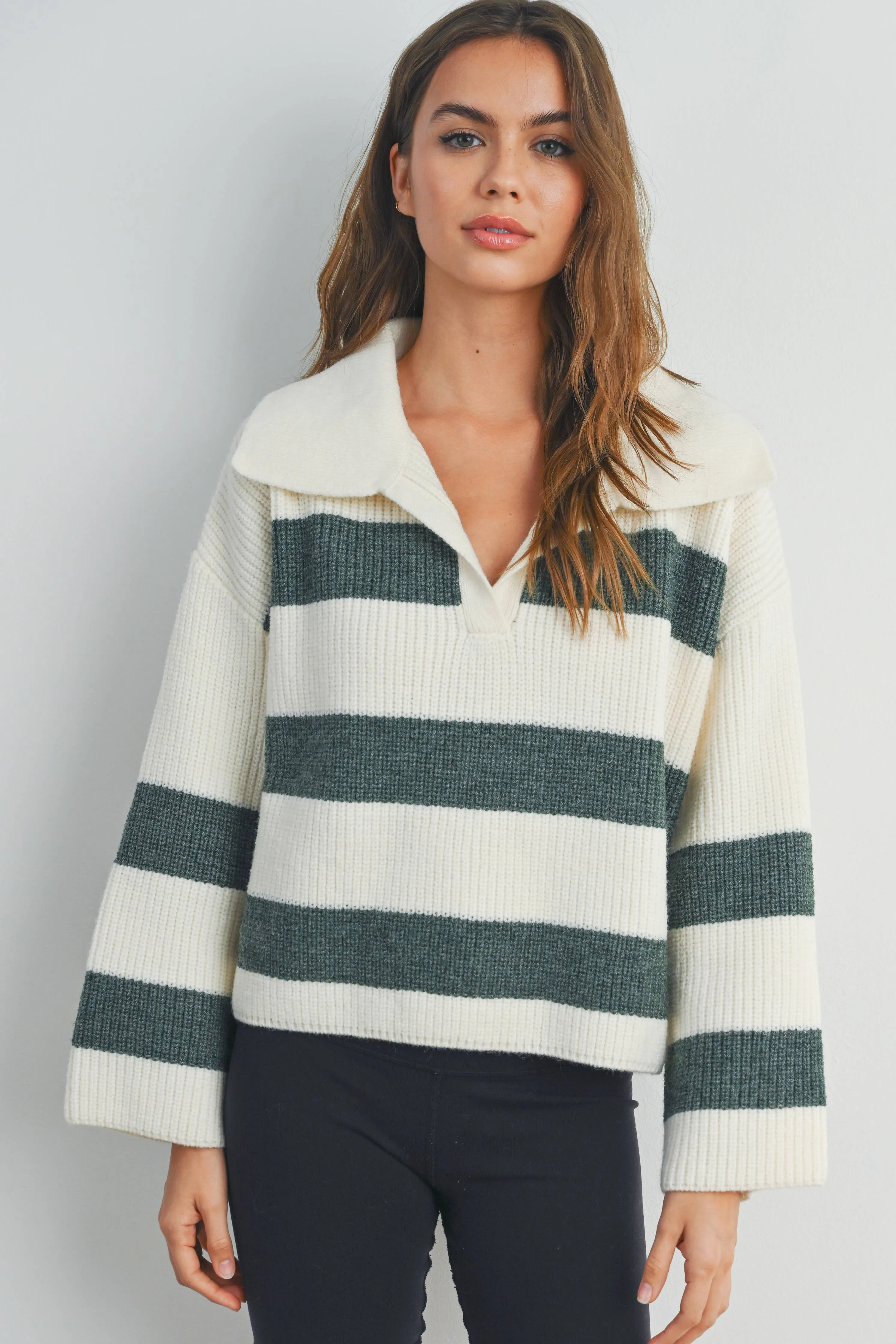 STRIPE DROP SHOULDER WITH WIDE COLLAR SWEATER