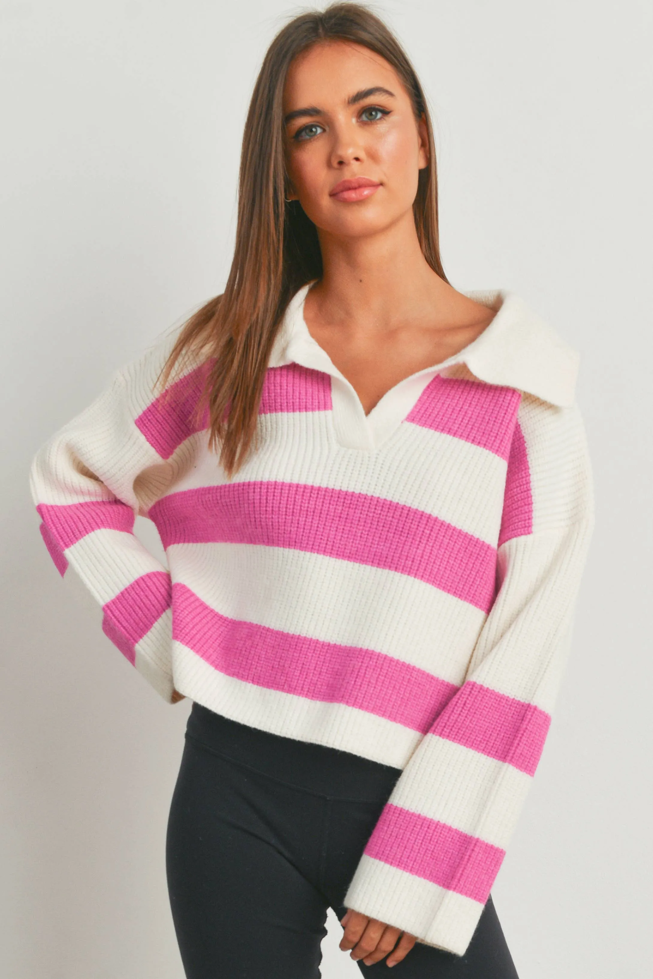 STRIPE DROP SHOULDER WITH WIDE COLLAR SWEATER