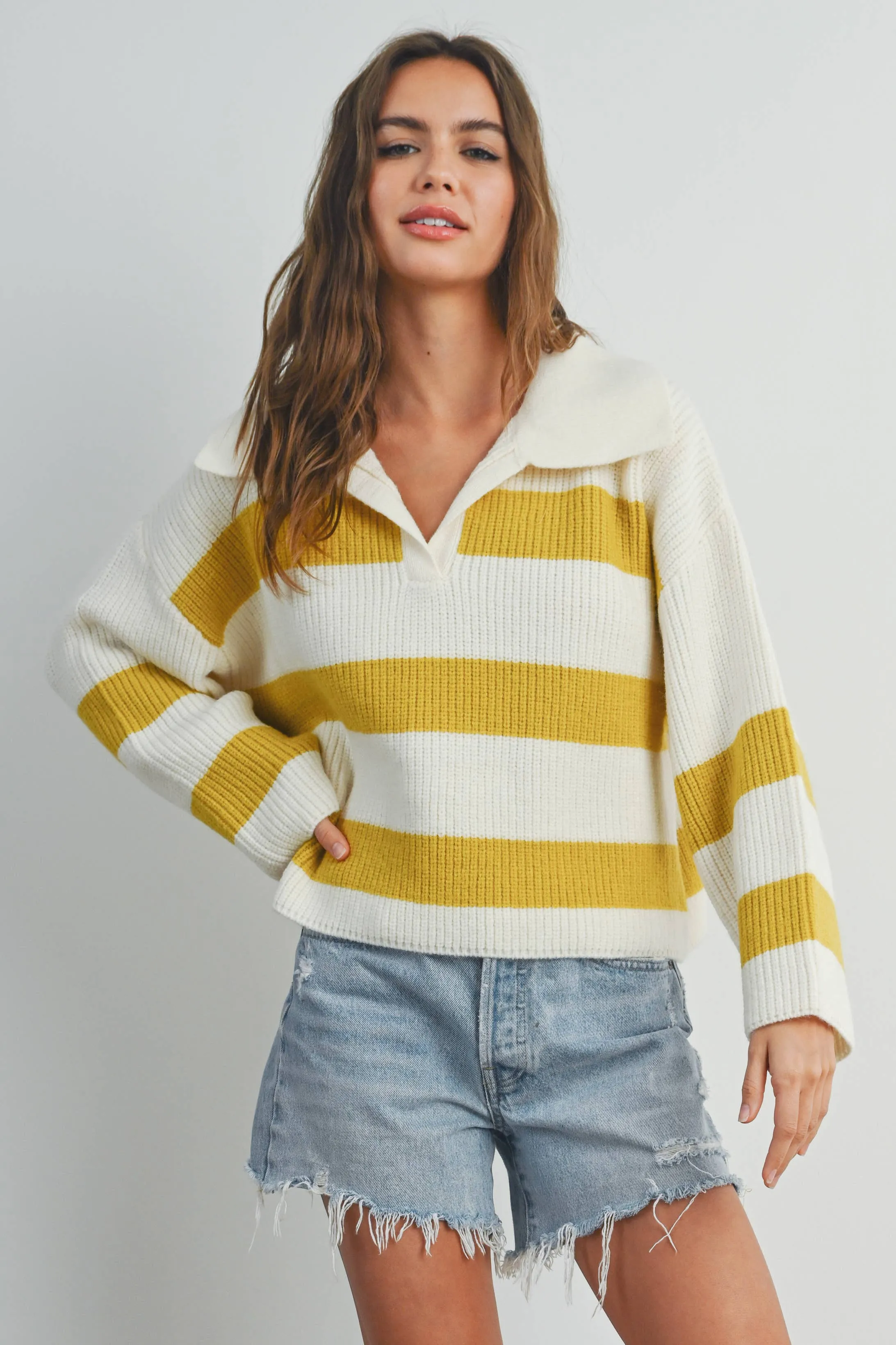 STRIPE DROP SHOULDER WITH WIDE COLLAR SWEATER