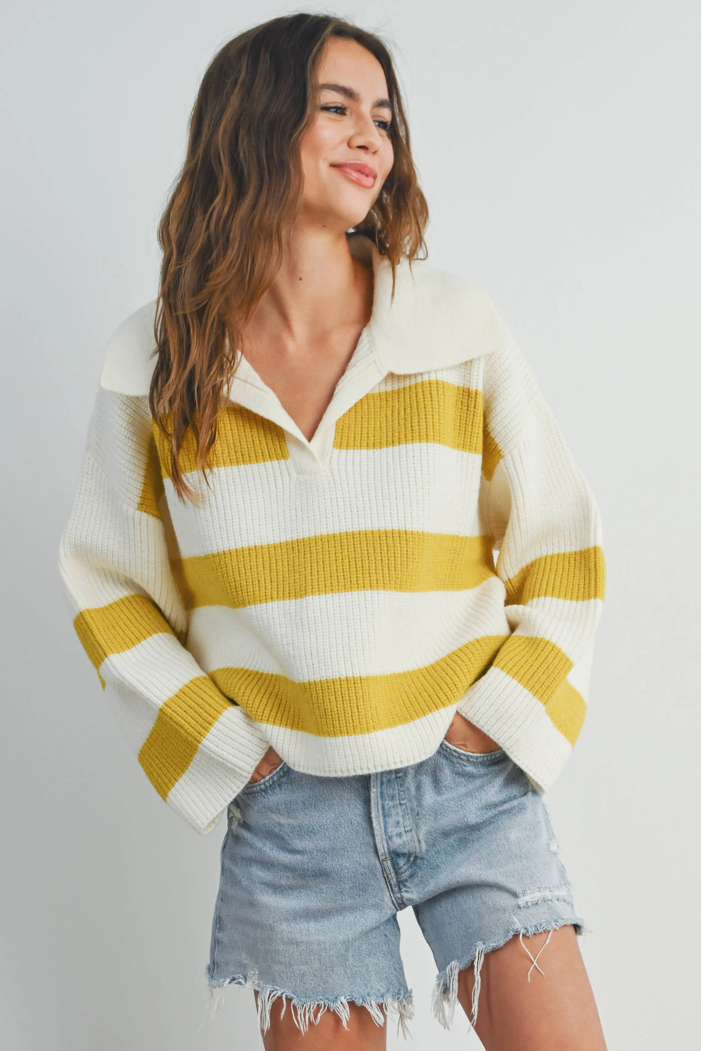 STRIPE DROP SHOULDER WITH WIDE COLLAR SWEATER