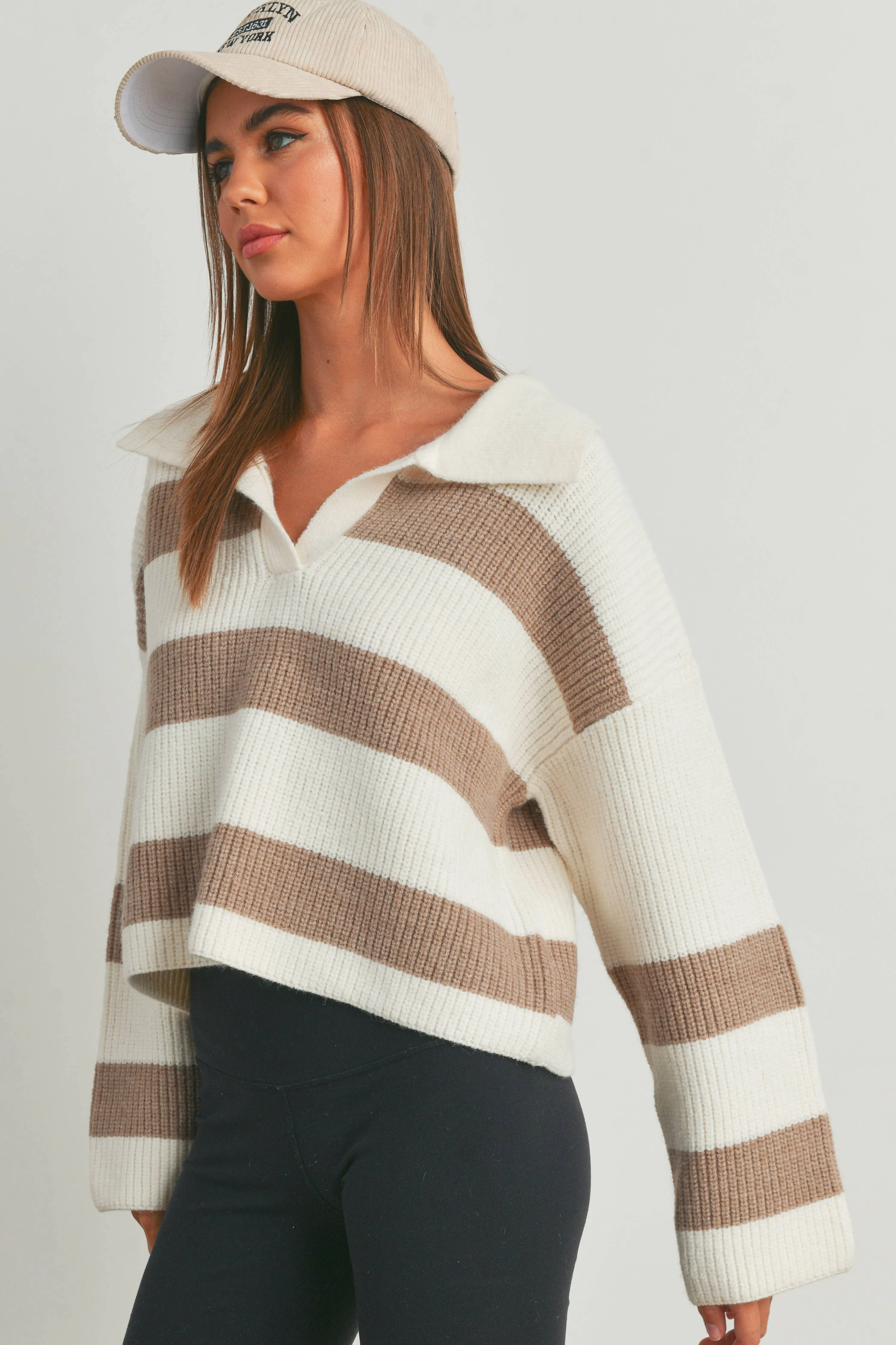 STRIPE DROP SHOULDER WITH WIDE COLLAR SWEATER