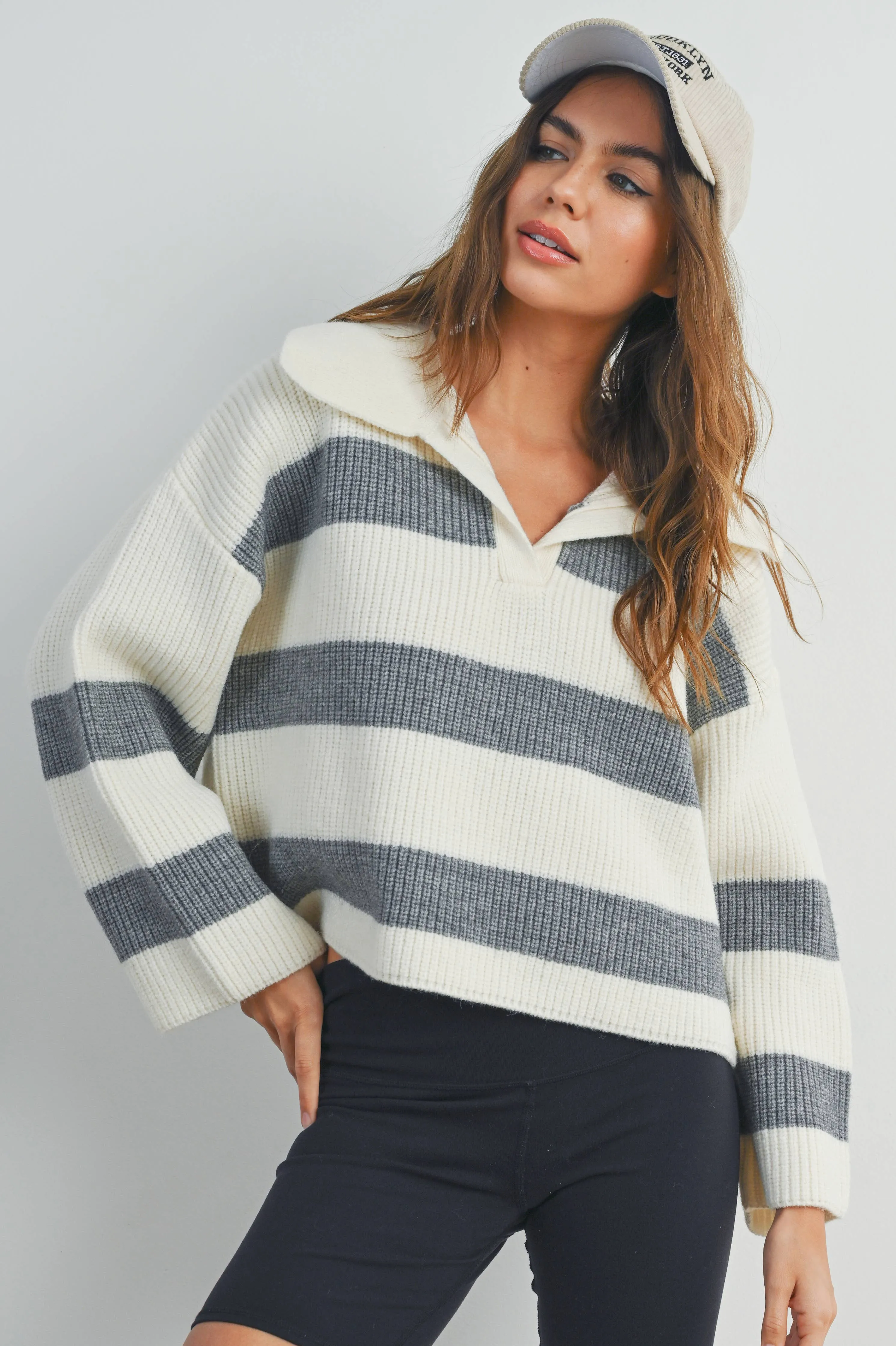 STRIPE DROP SHOULDER WITH WIDE COLLAR SWEATER