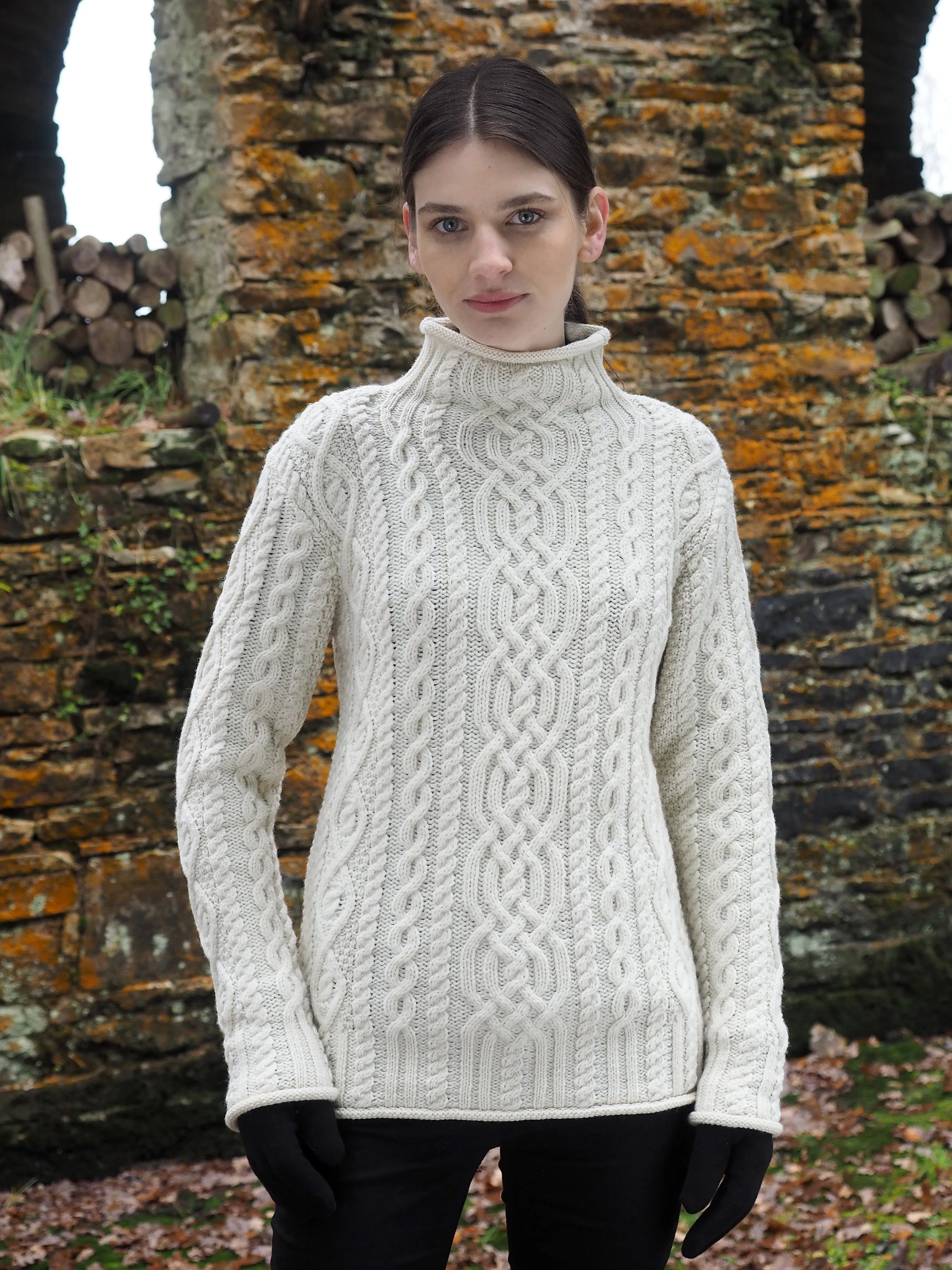 SUPER SOFT ARAN FUNNEL NECK SWEATER