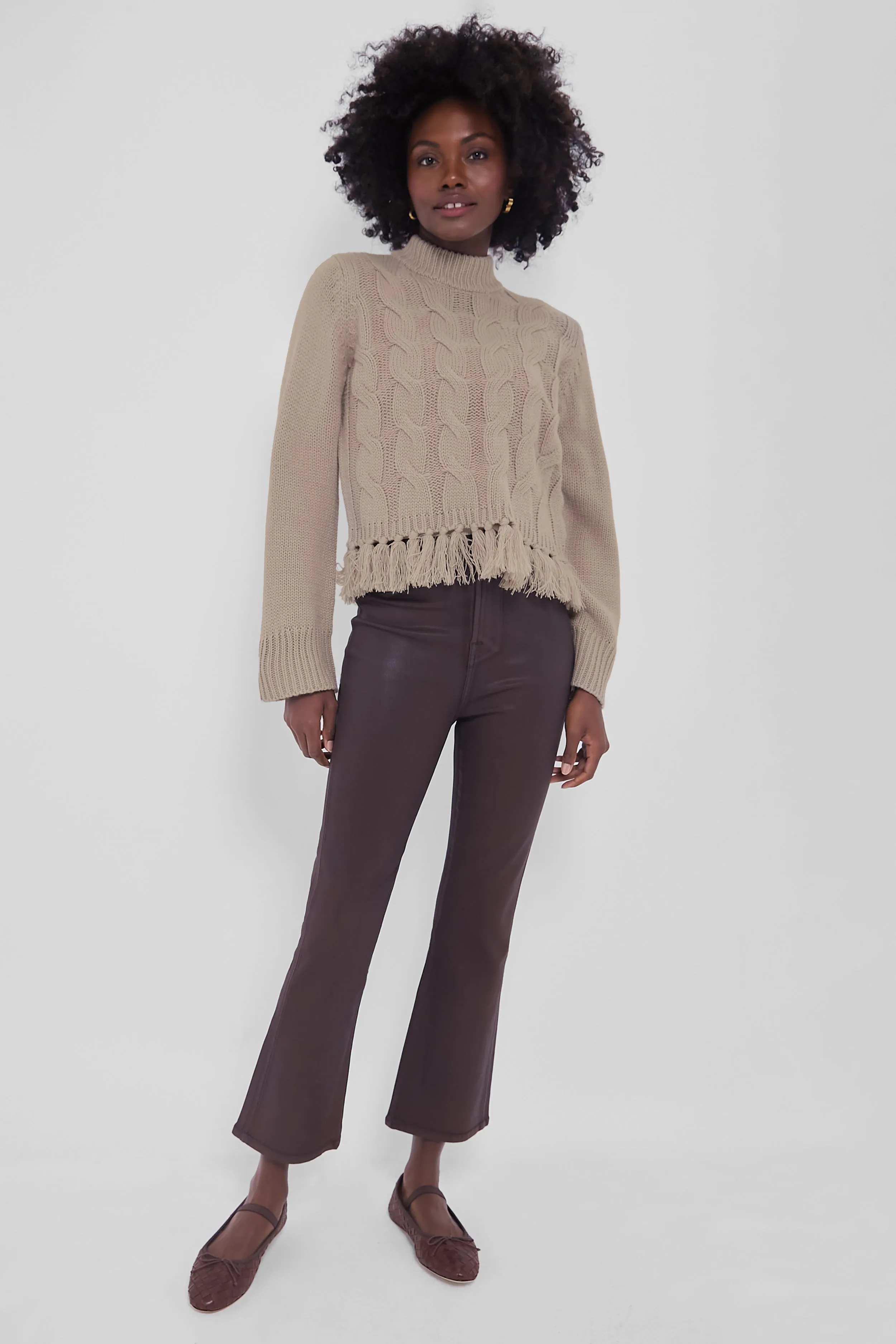 Taupe Fringe Cable Knit Sweater