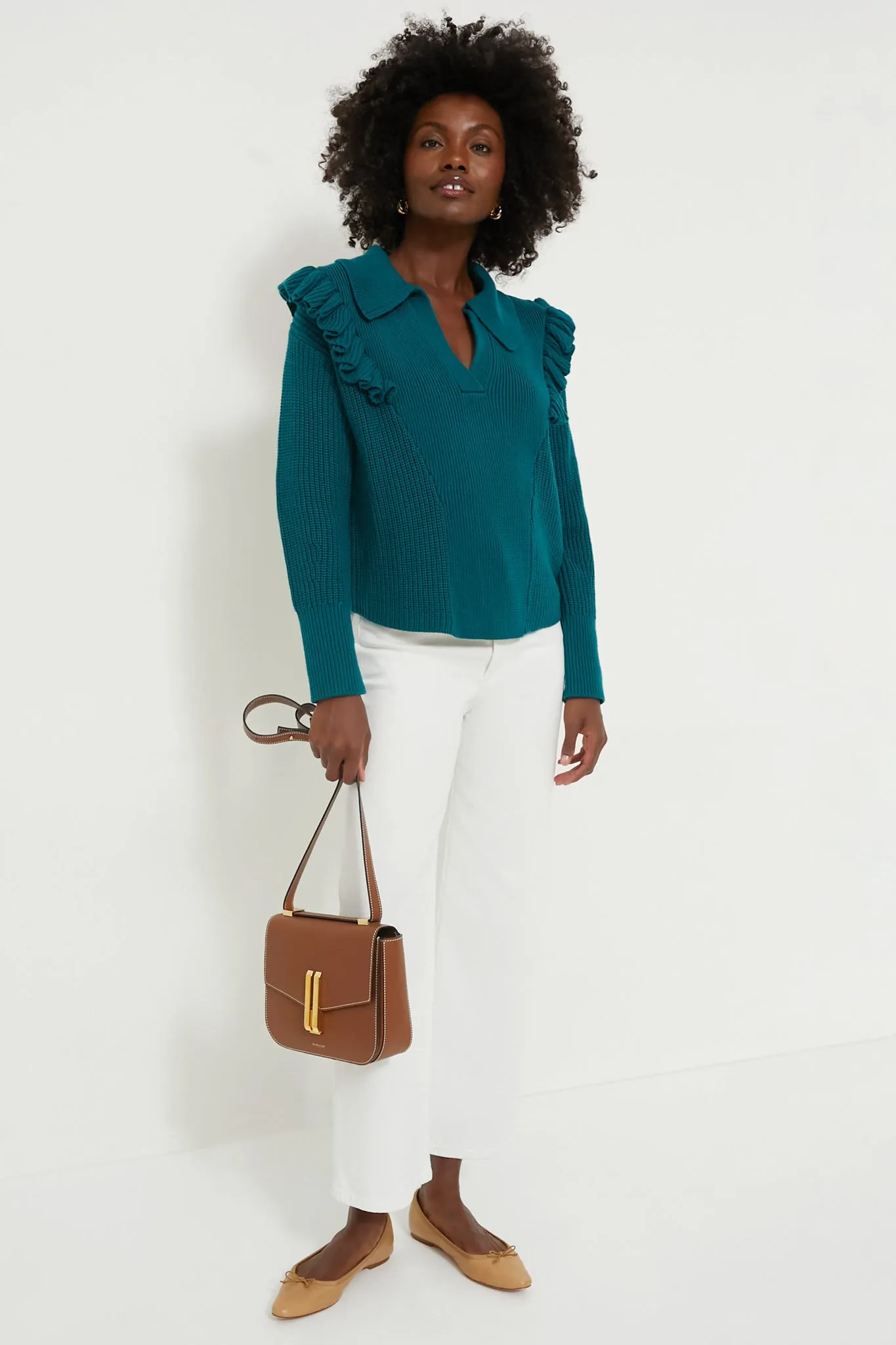 Teal Ruffle Casey Collared V-Neck Sweater