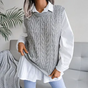 Trendy Crew Neck Textured Pointelle Cable Knit Pullover Sweater Vest