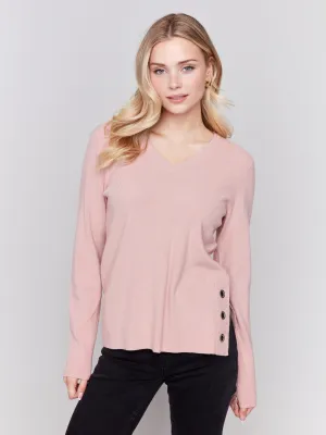 V-Neck Sweater with Grommet Detail - Woodrose